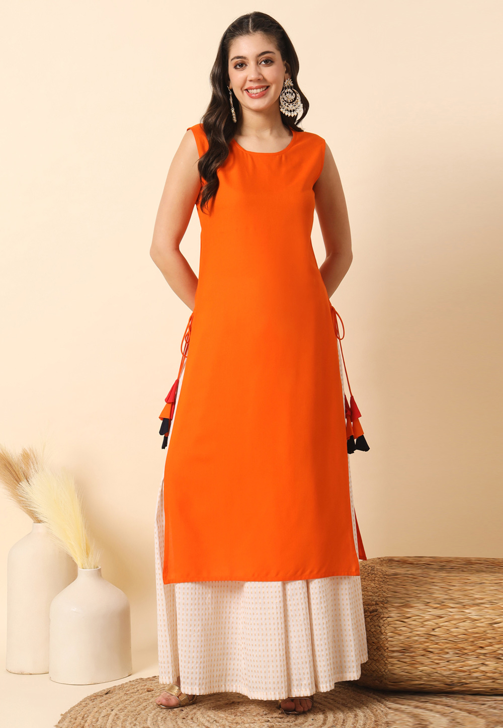 Orange Rayon Long Kurti 308656