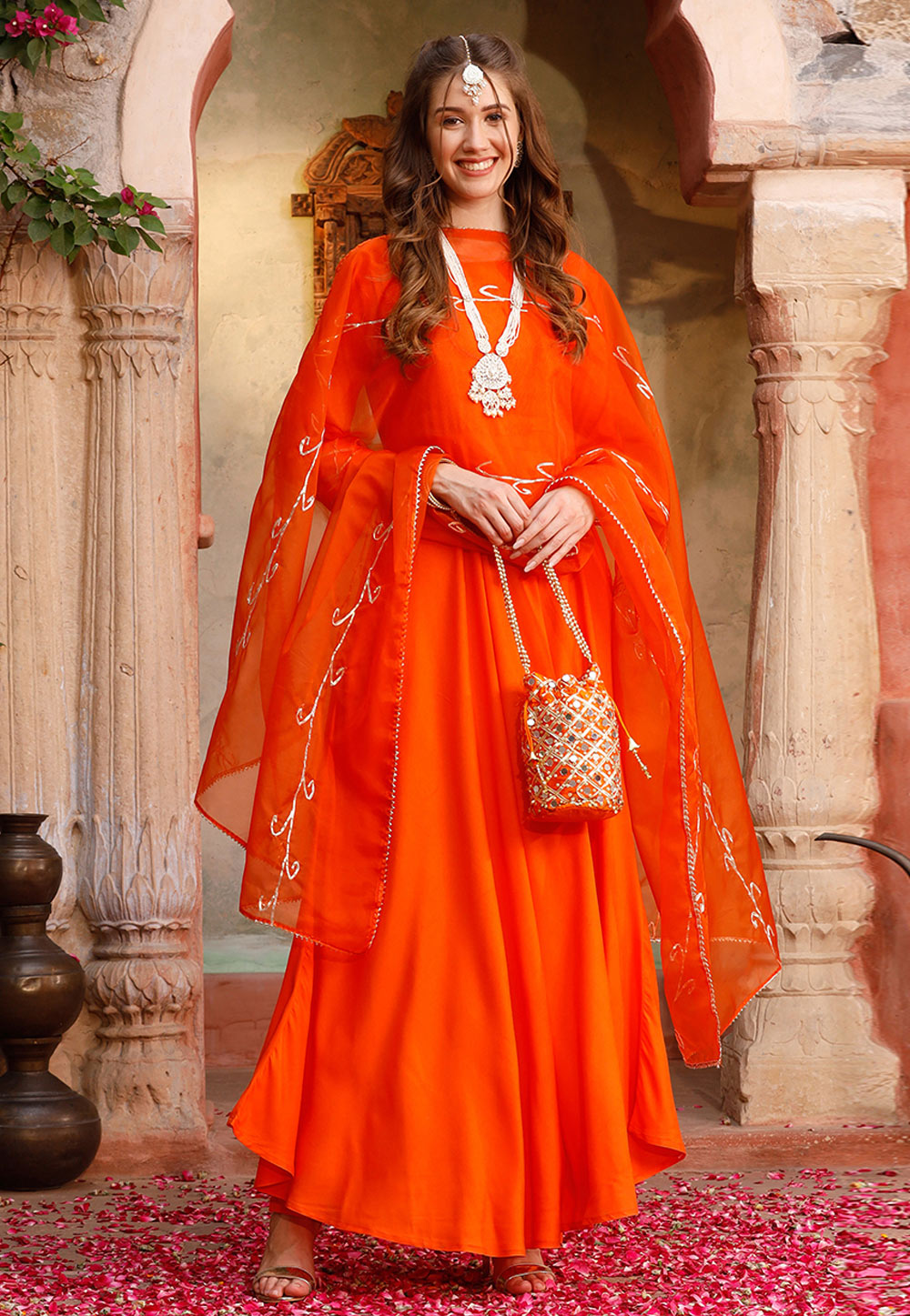 Orange Rayon Readymade Anarkali Suit 308290