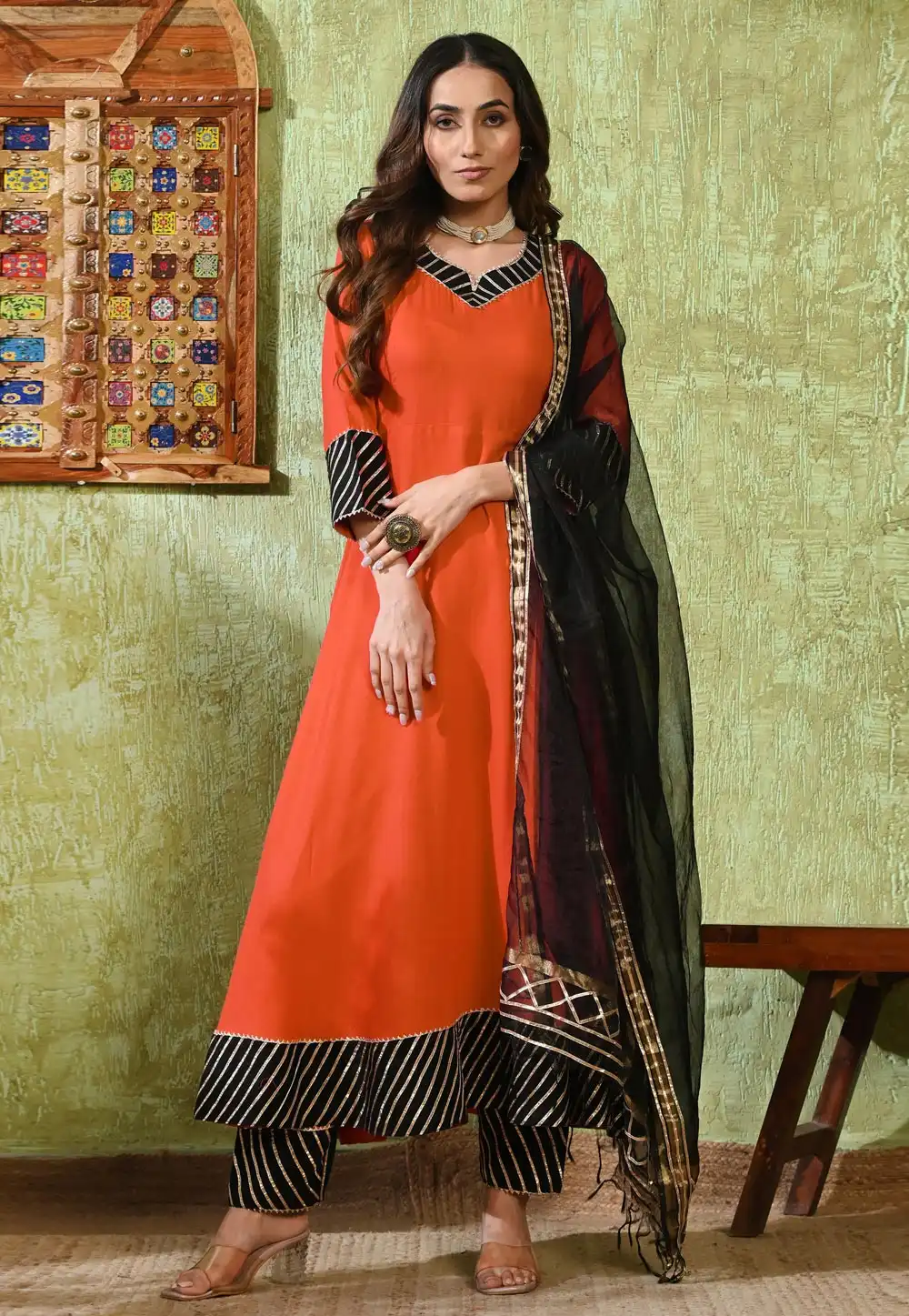 Orange Rayon Readymade Anarkali Suit 326581