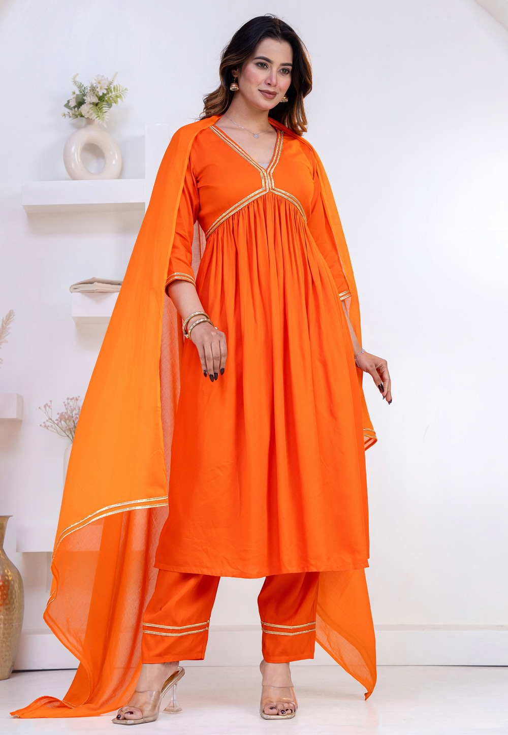 Orange Rayon Readymade Anarkali Suit 325444