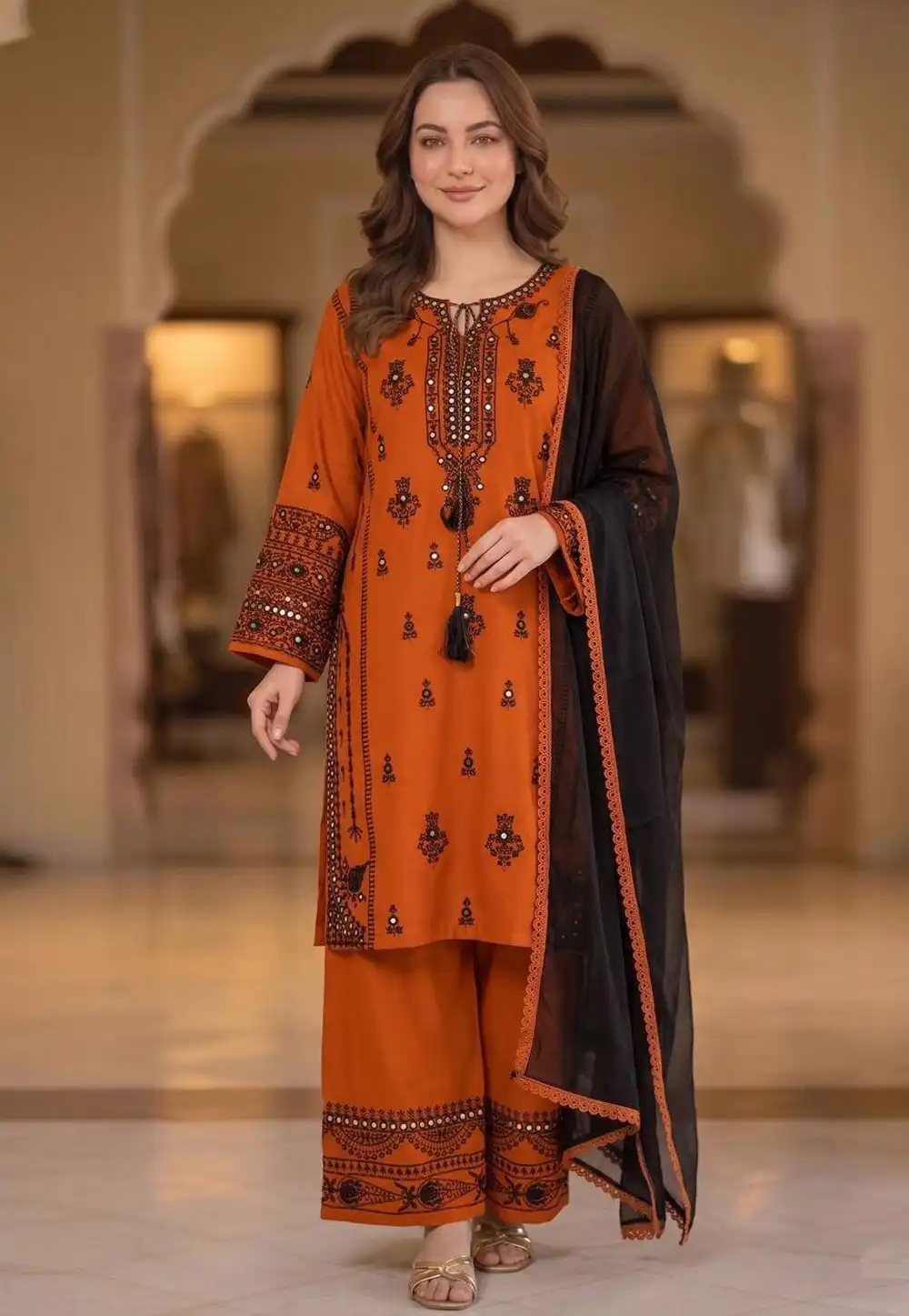 Orange Rayon Readymade Palazzo Suit 329804