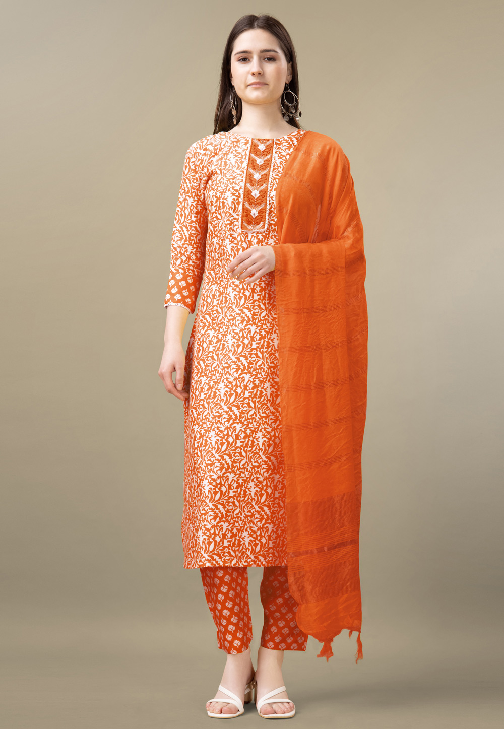 Orange Rayon Readymade Pant Style Suit 282486