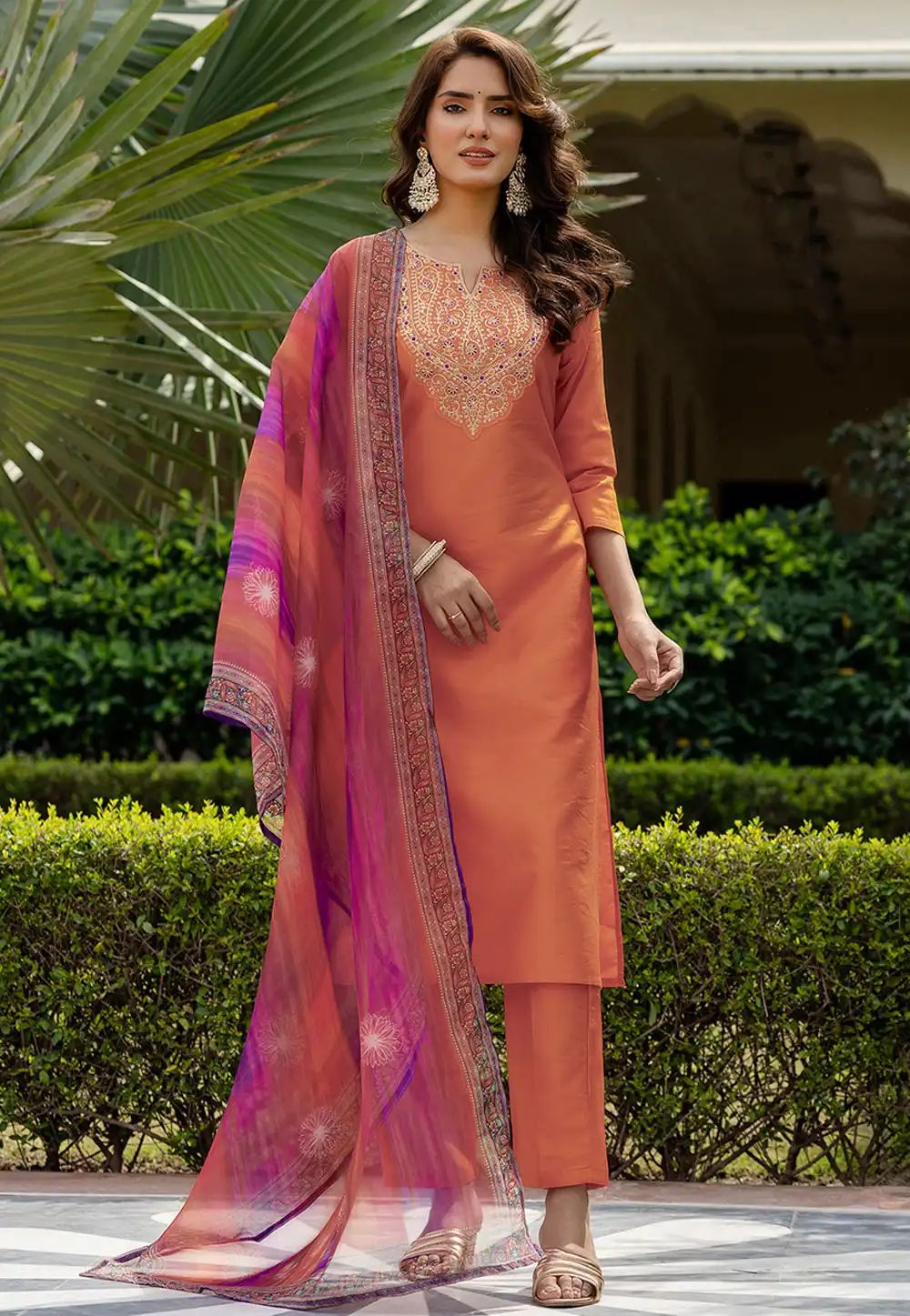 Orange Rayon Readymade Pant Style Suit 317277