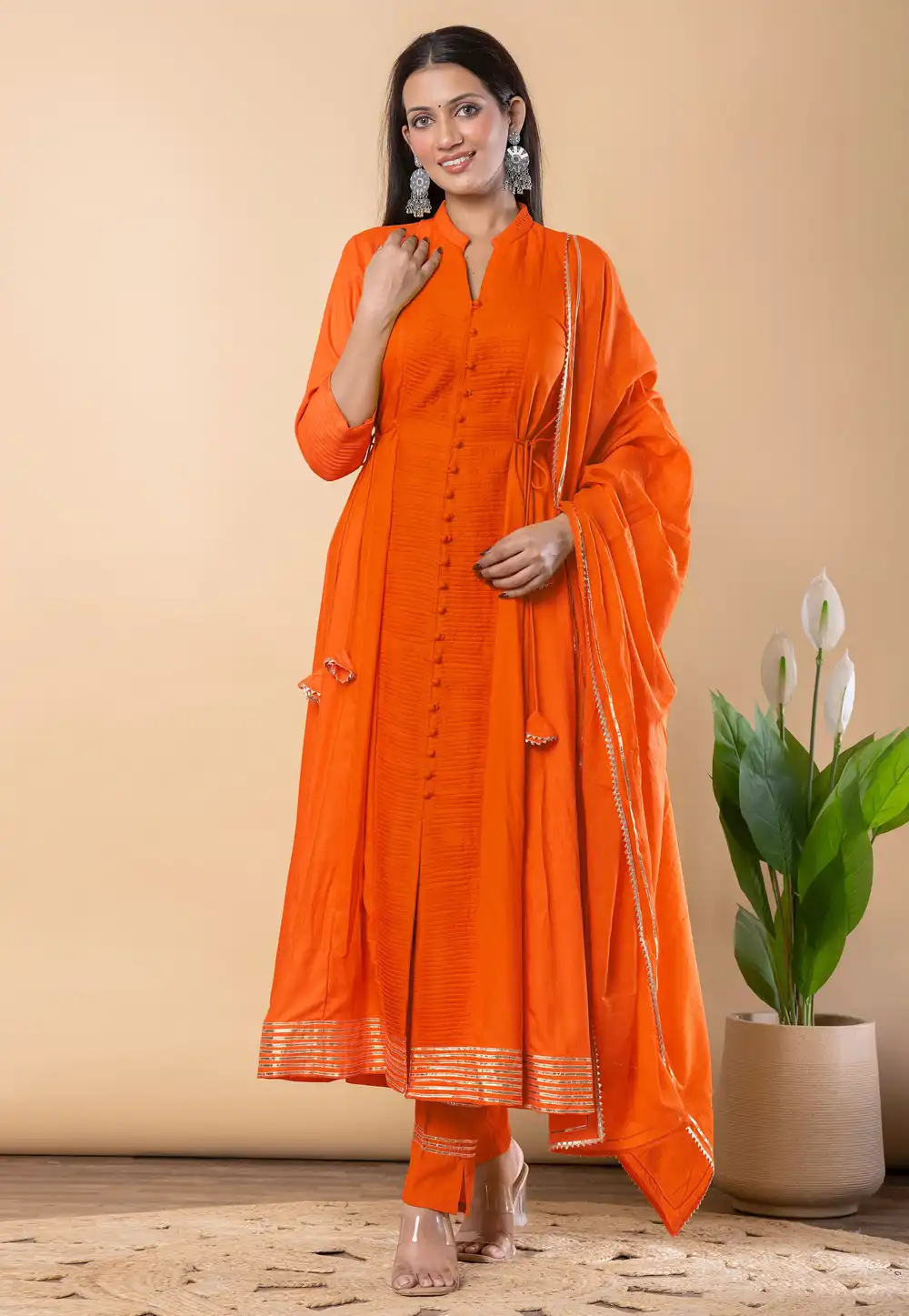 Orange Rayon Readymade Pant Style Suit 317103