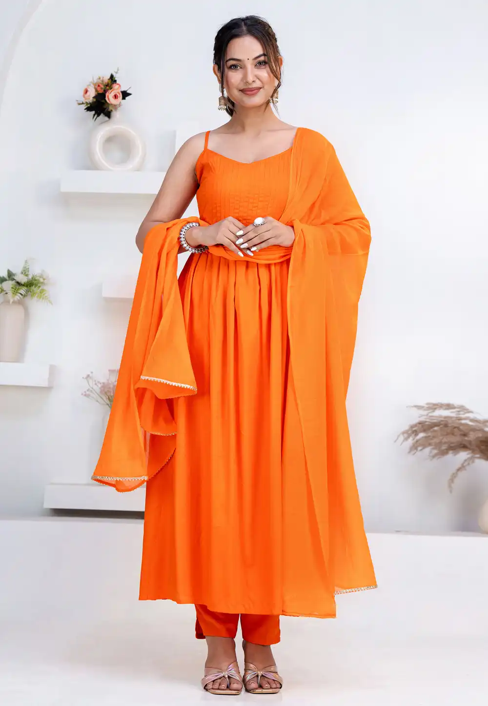 Orange Rayon Readymade Pant Style Suit 325434