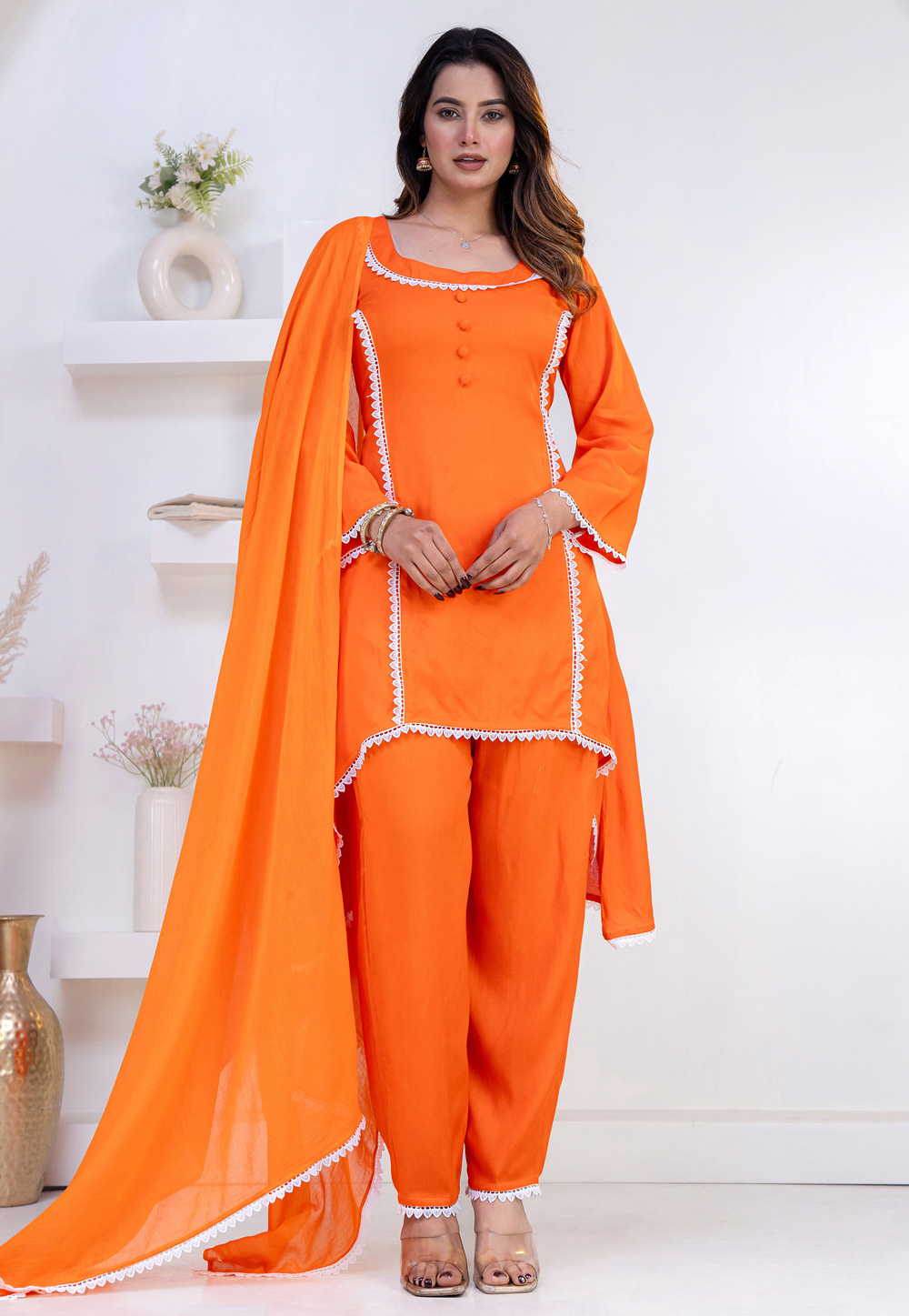 Orange Rayon Readymade Pant Style Suit 325460