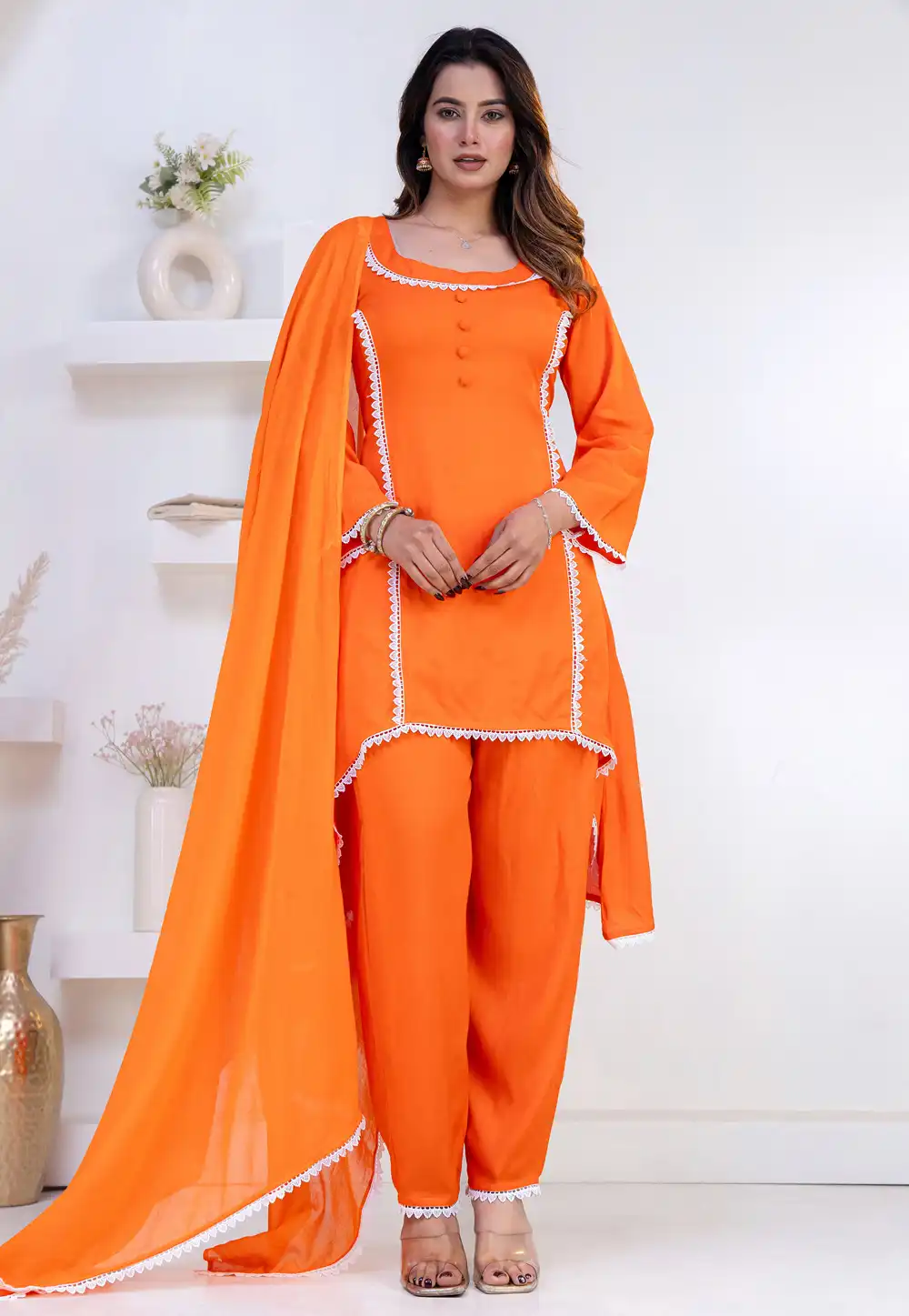 Orange Rayon Readymade Pant Style Suit 325460