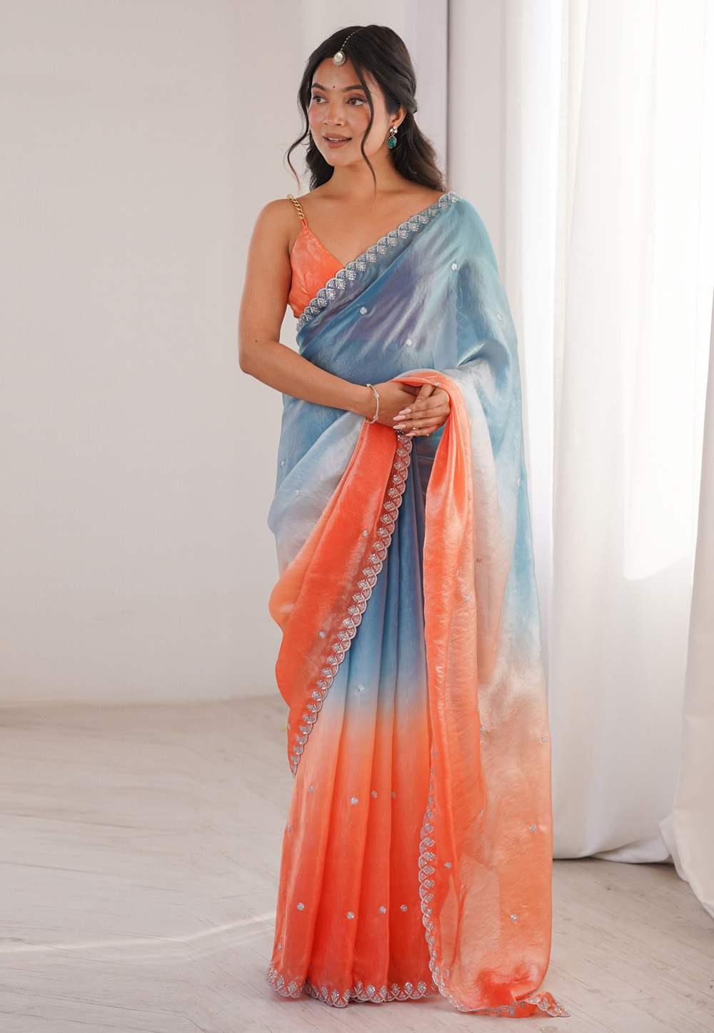 Orange Satin Saree With Blouse 329542
