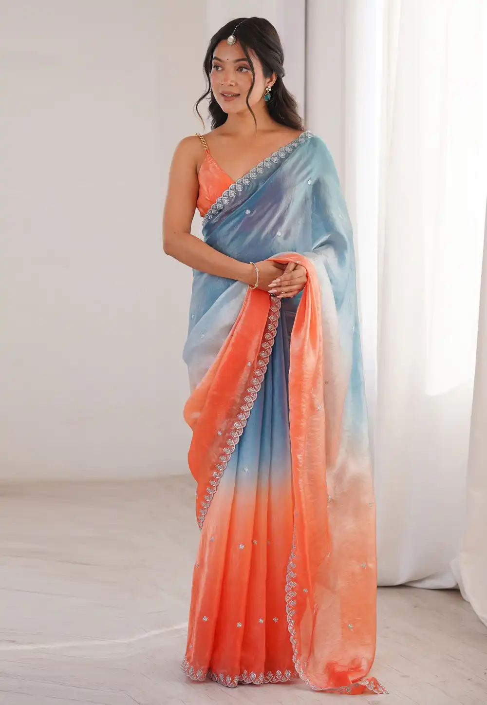 Orange Satin Saree With Blouse 329542