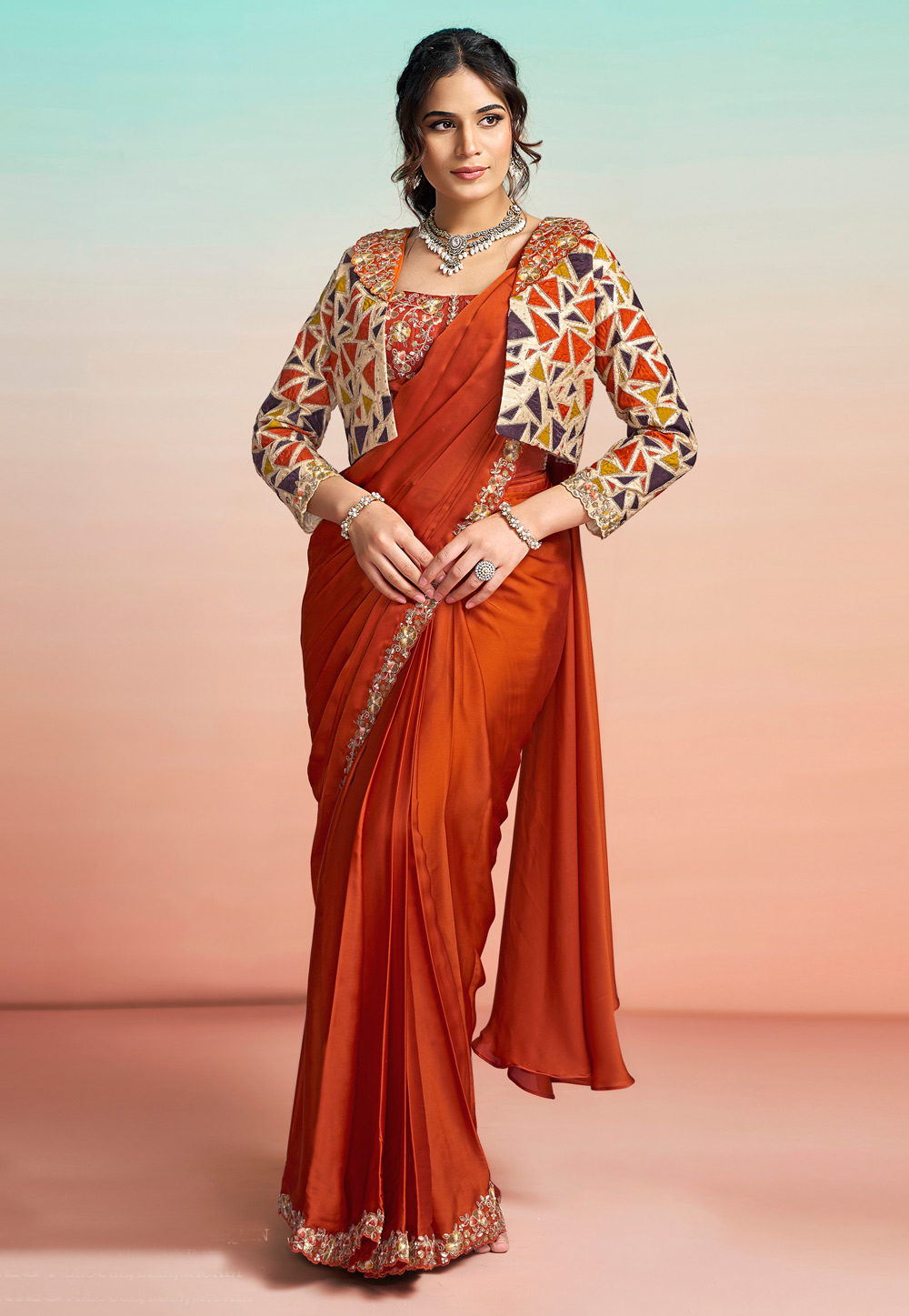 Orange Satin Silk Designer Saree 327231