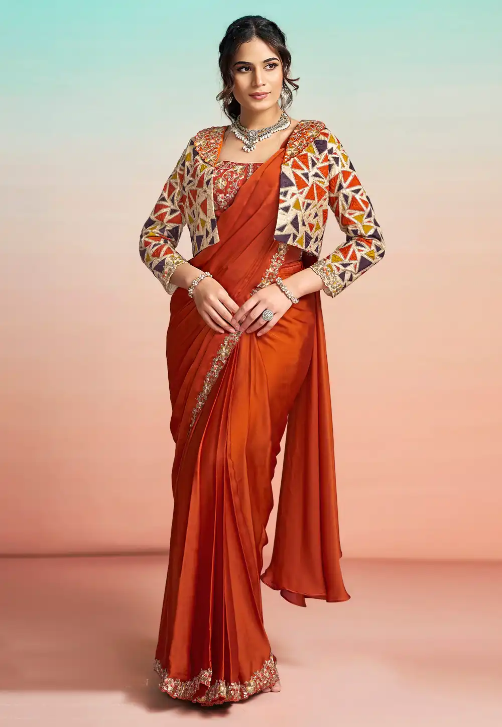 Orange Satin Silk Designer Saree 327231