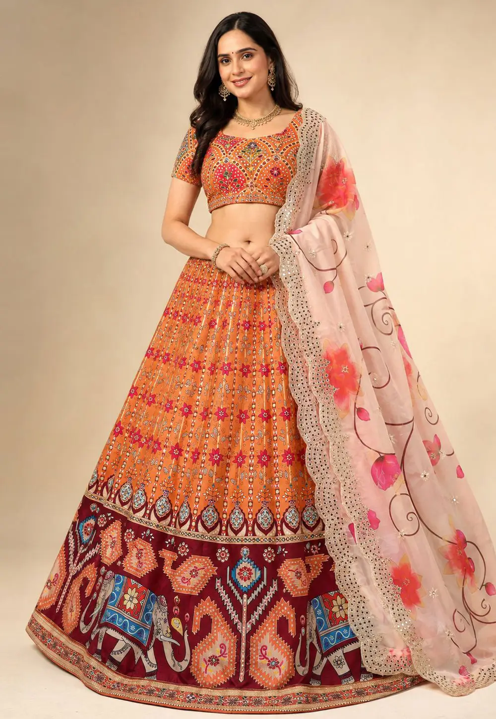 Orange Satin Silk Floral print Lehenga choli 334820