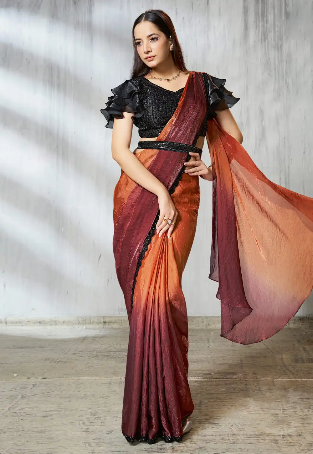 Orange Satin Silk Lehenga Saree 315389