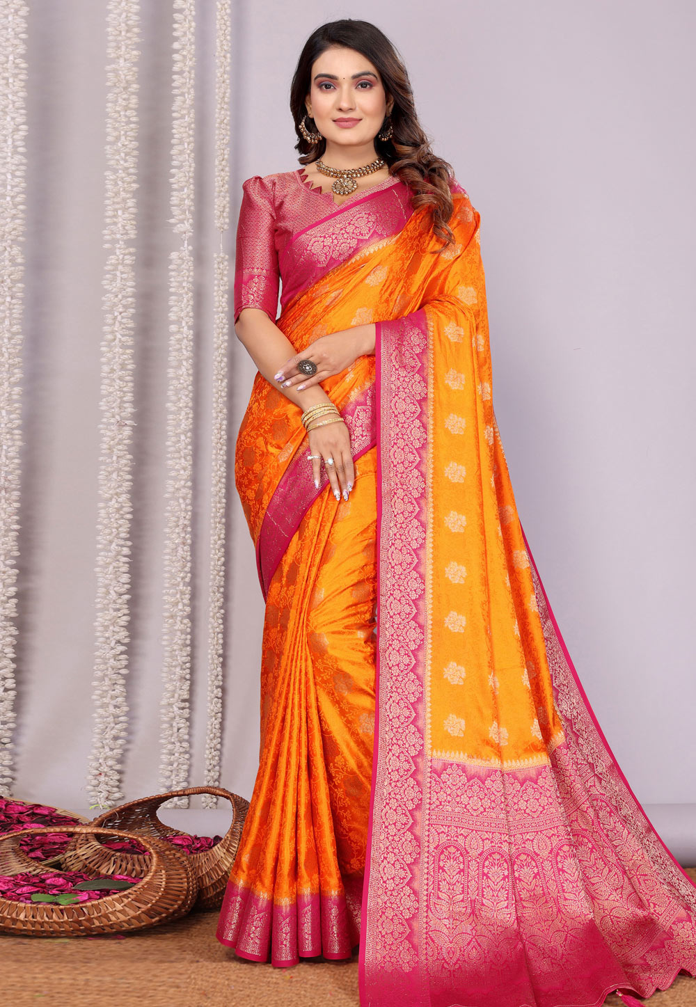 Orange Satin Silk Saree With Blouse 312503