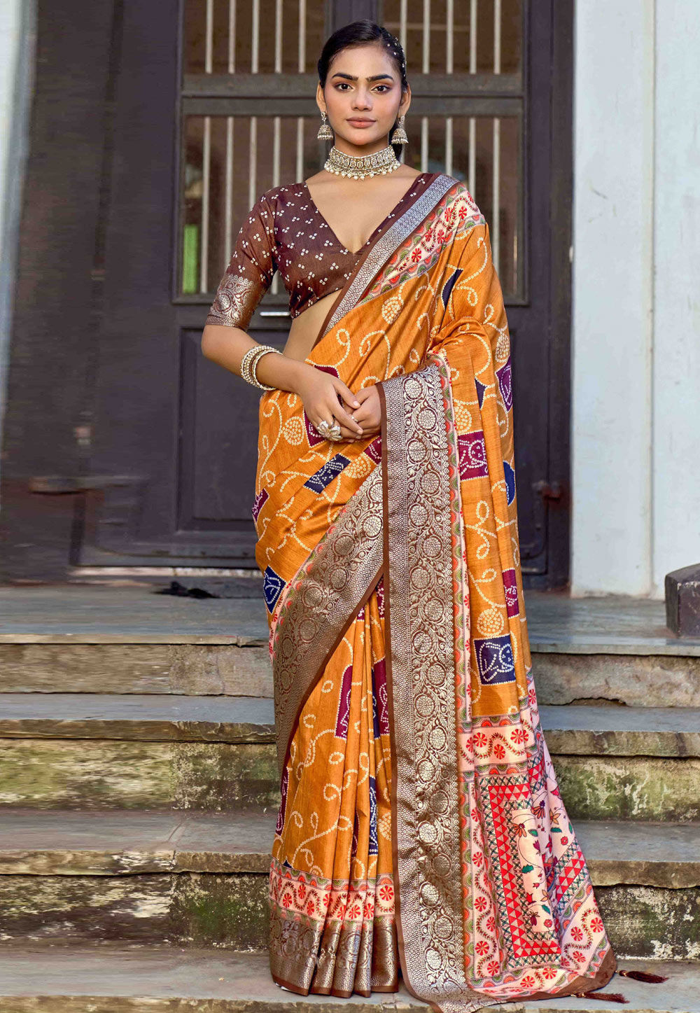Orange Silk Bandhani Print Saree 320383