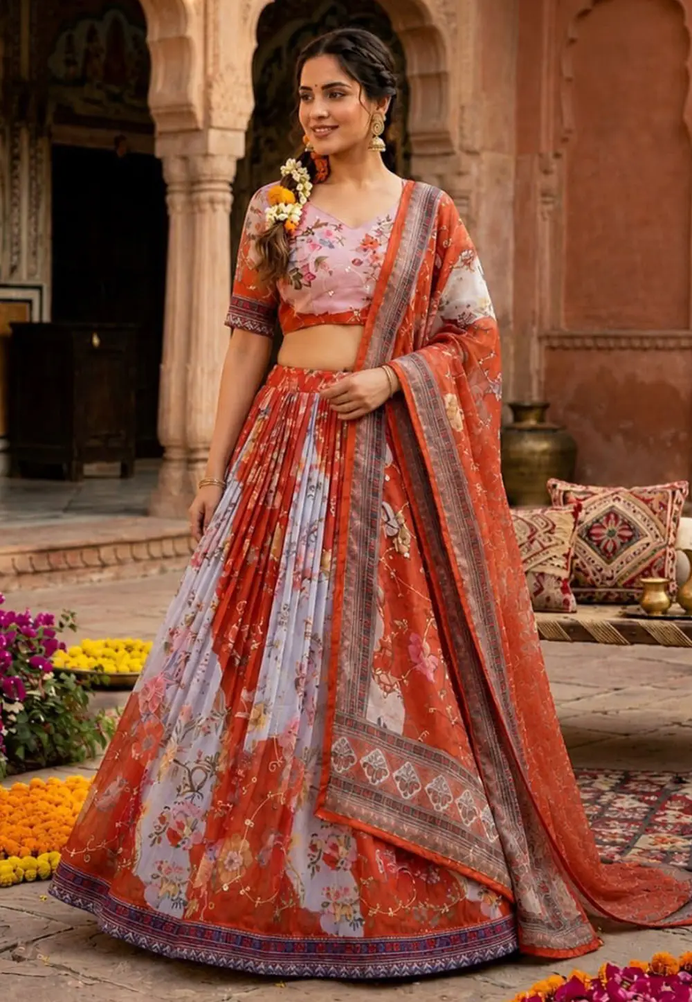 Orange Silk Floral print Lehenga Choli 331325