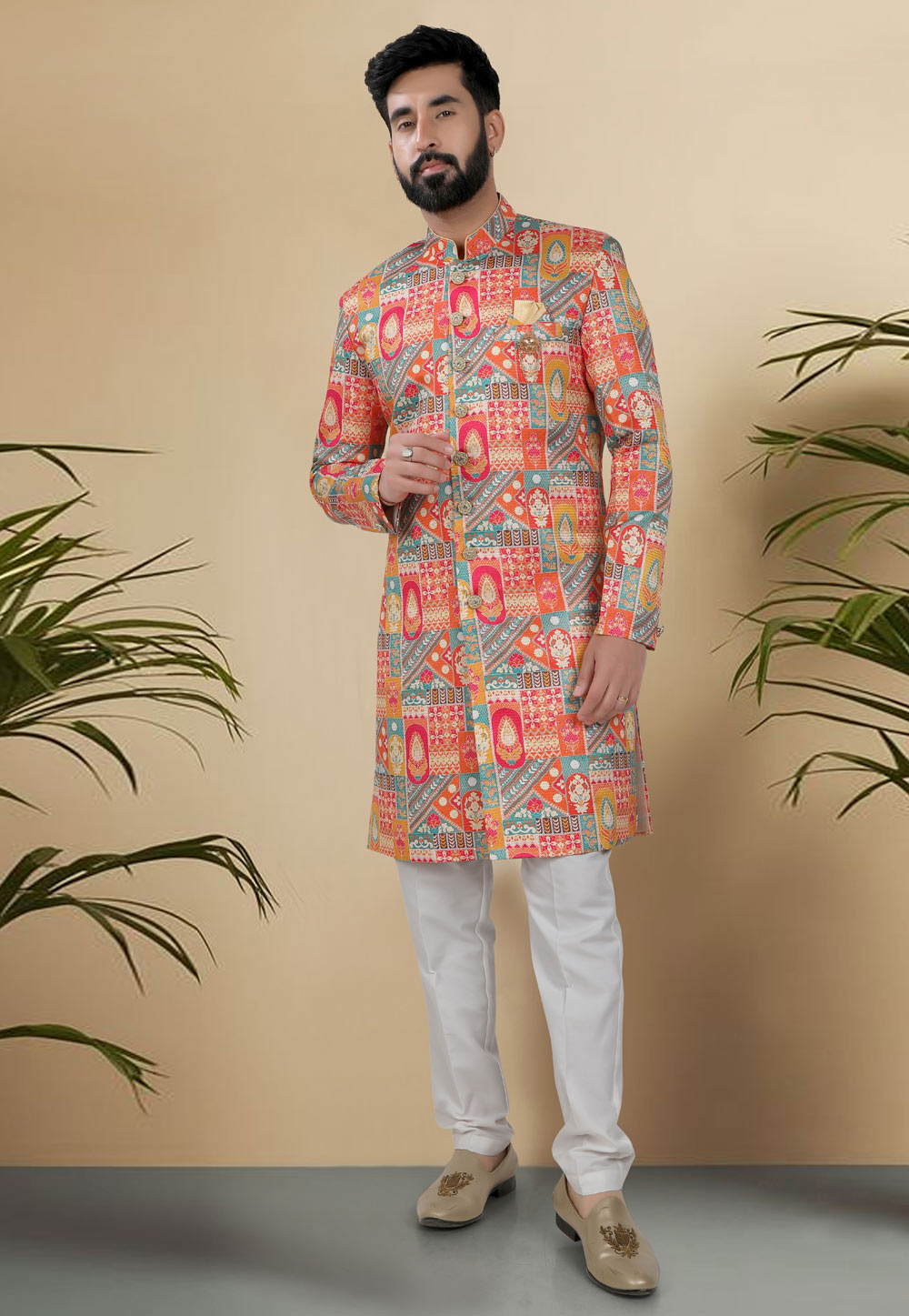 Orange Silk Indo Western Suit 313095