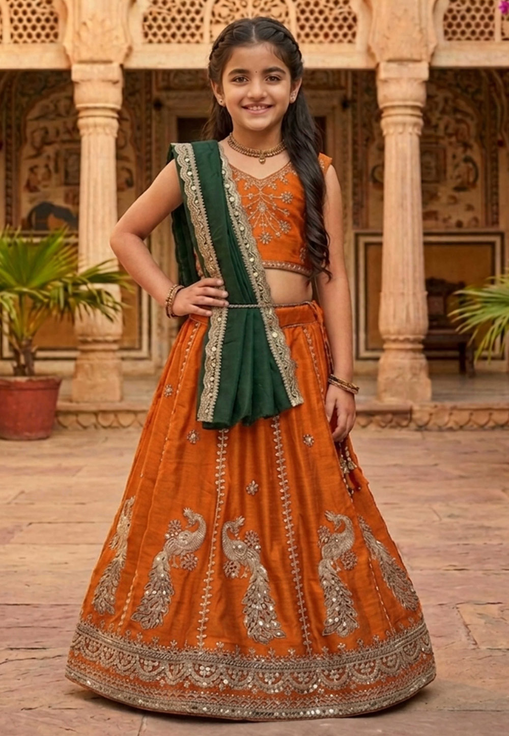 Orange Silk Kids Lehenga Choli 328276