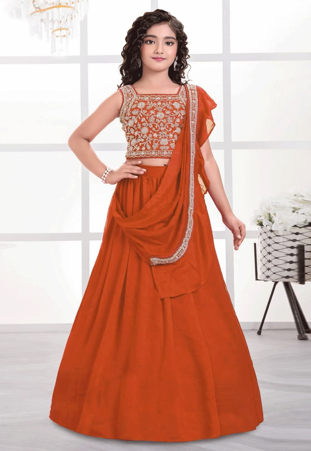 Orange Silk Kids Lehenga Choli 325194