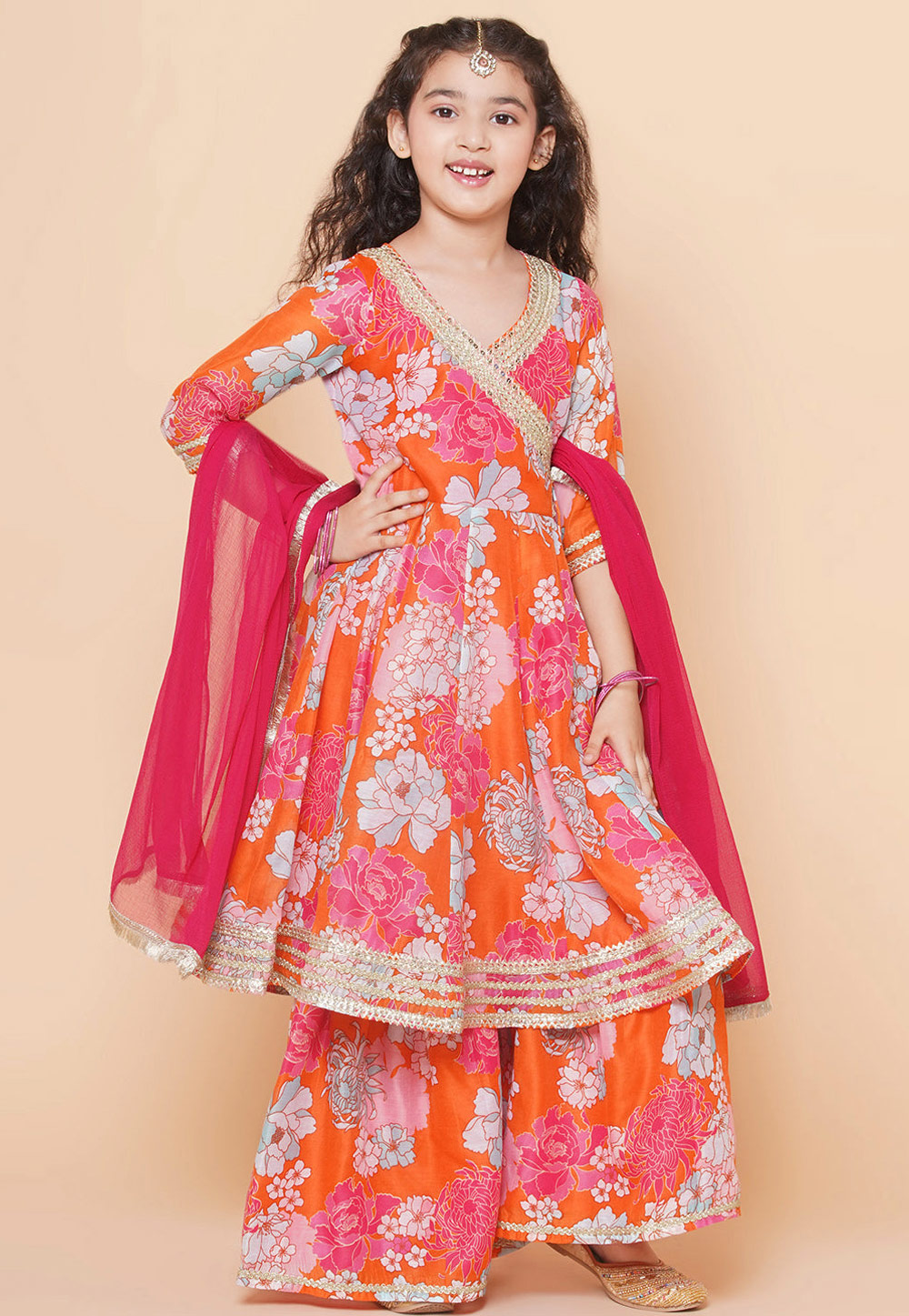 Orange Silk Kids Sharara Suit 282654