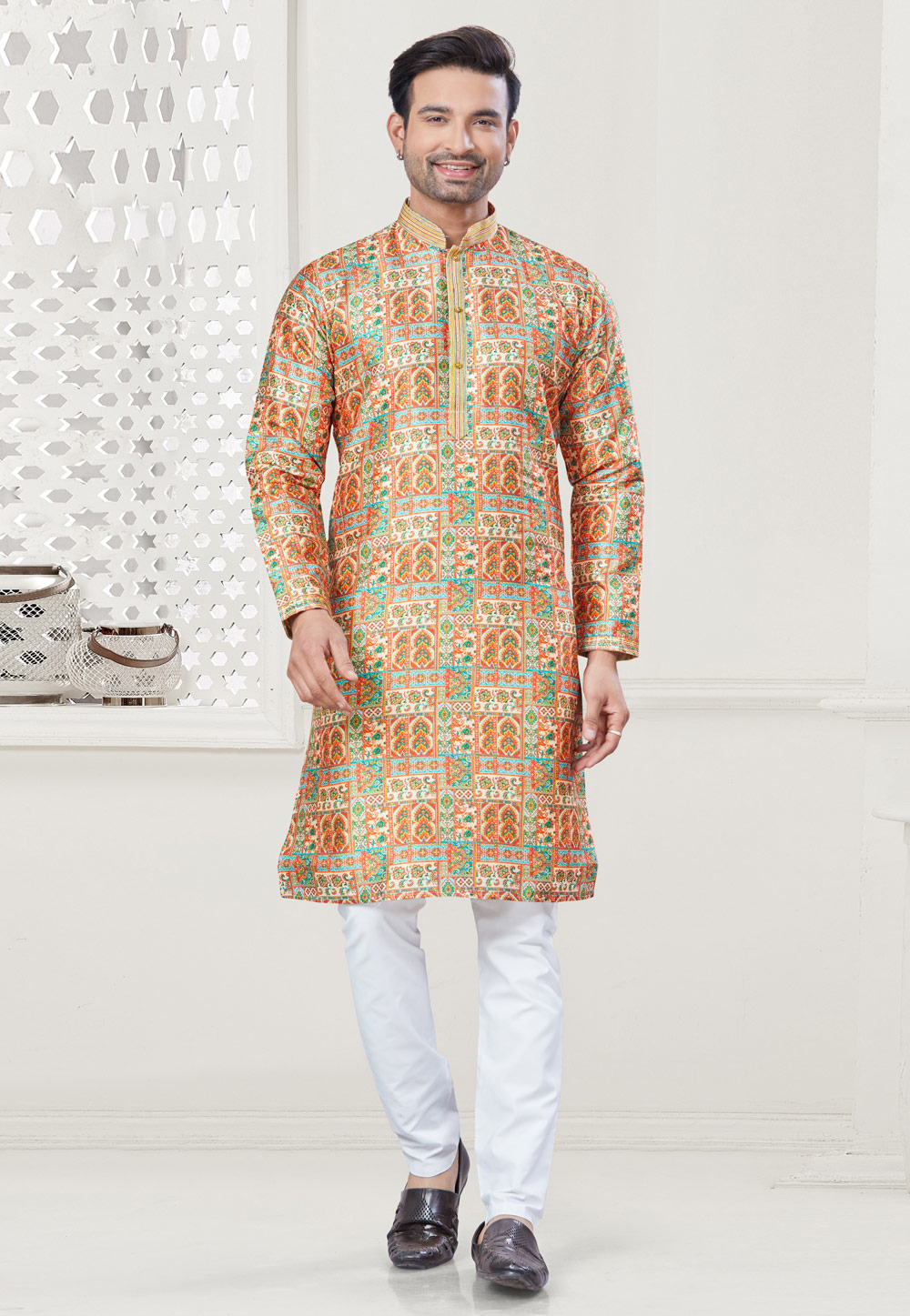 Orange Silk Kurta Pajama 307356