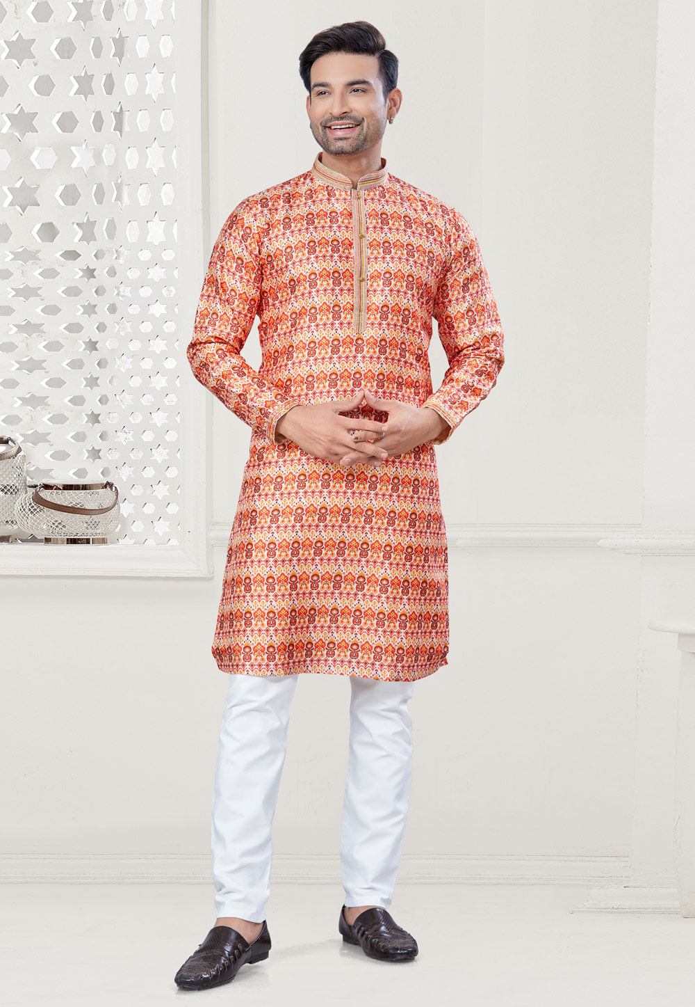 Orange Silk Kurta Pajama 307359