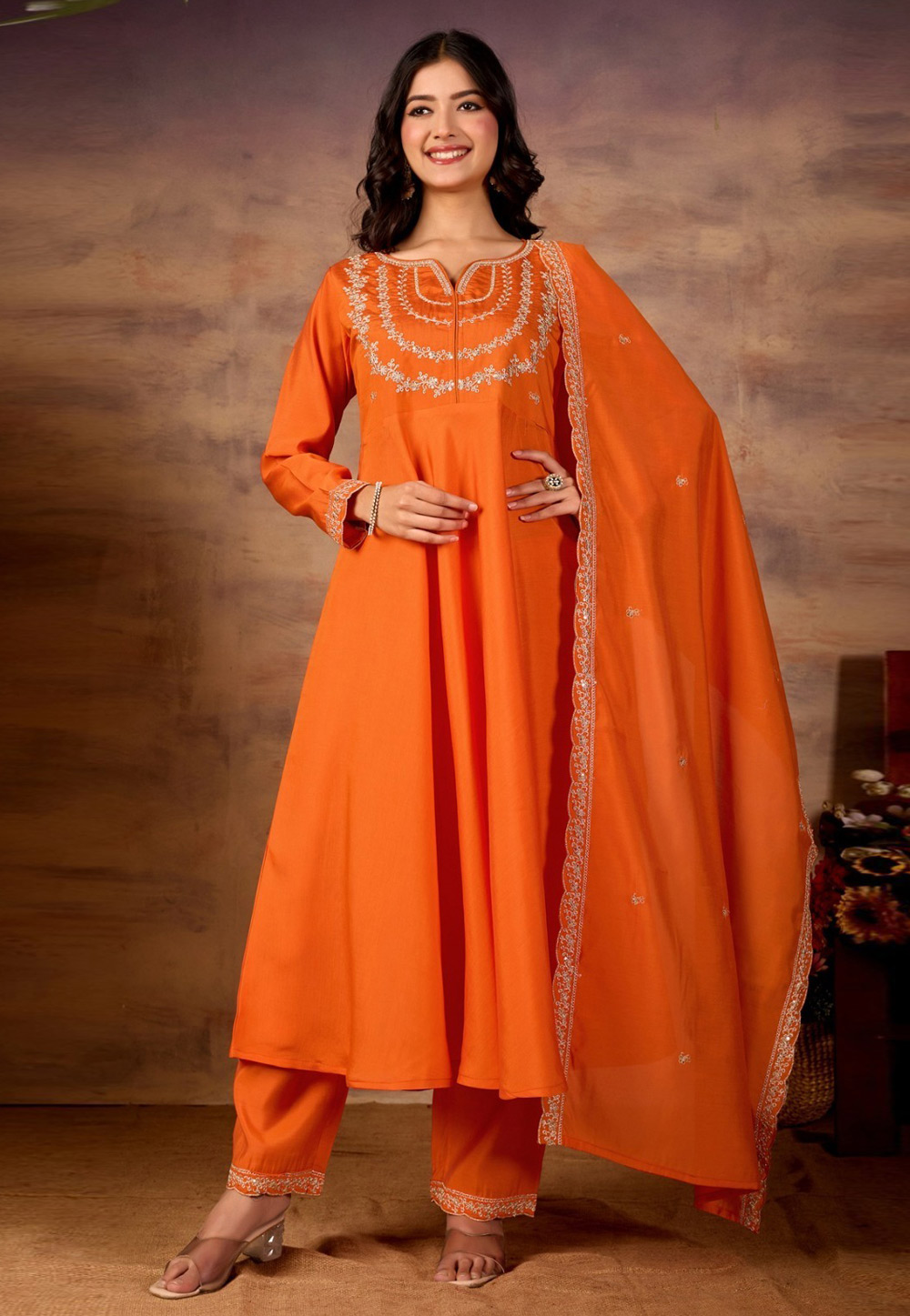 Orange Silk Readymade Anarkali Suit 323262