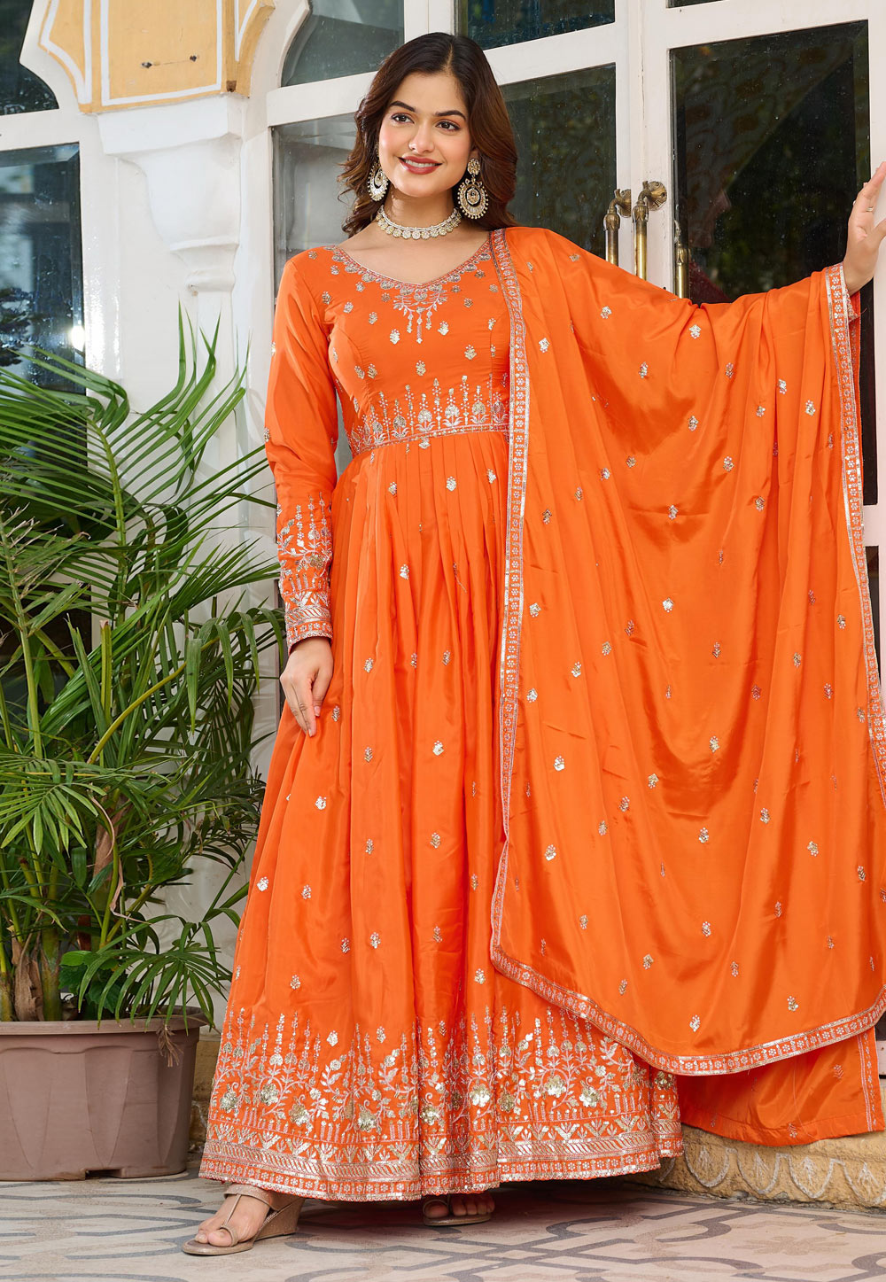 Orange Silk Readymade Anarkali Suit 312205