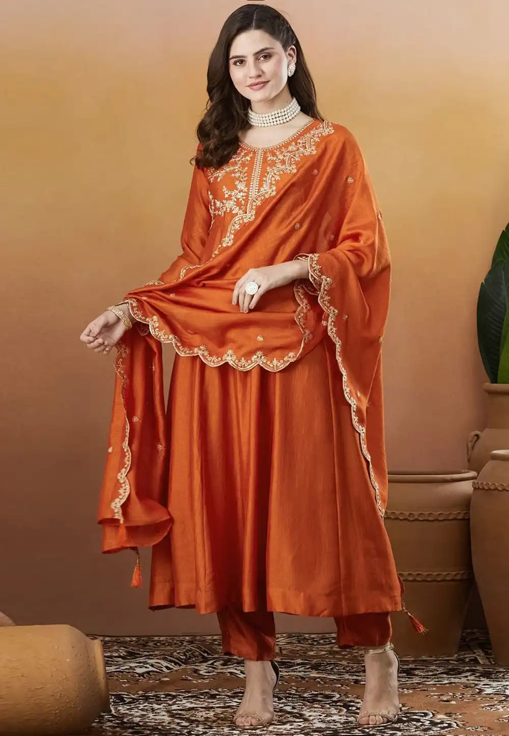 Orange Silk Readymade Anarkali Suit 321934
