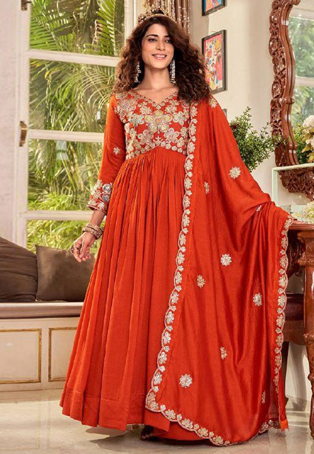 Orange Silk Readymade Anarkali Suit 327855