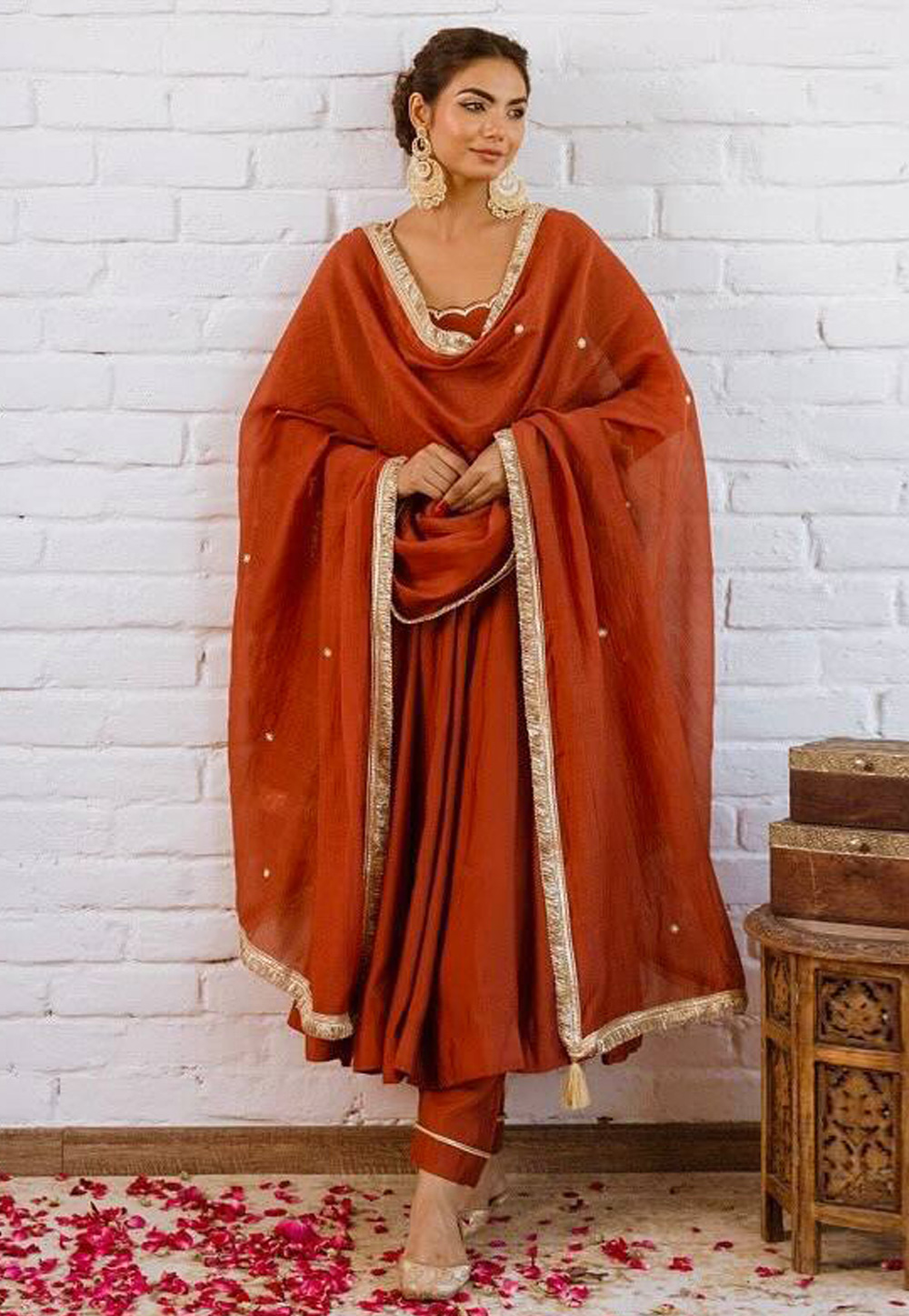 Orange Silk Readymade Anarkali Suit 330185