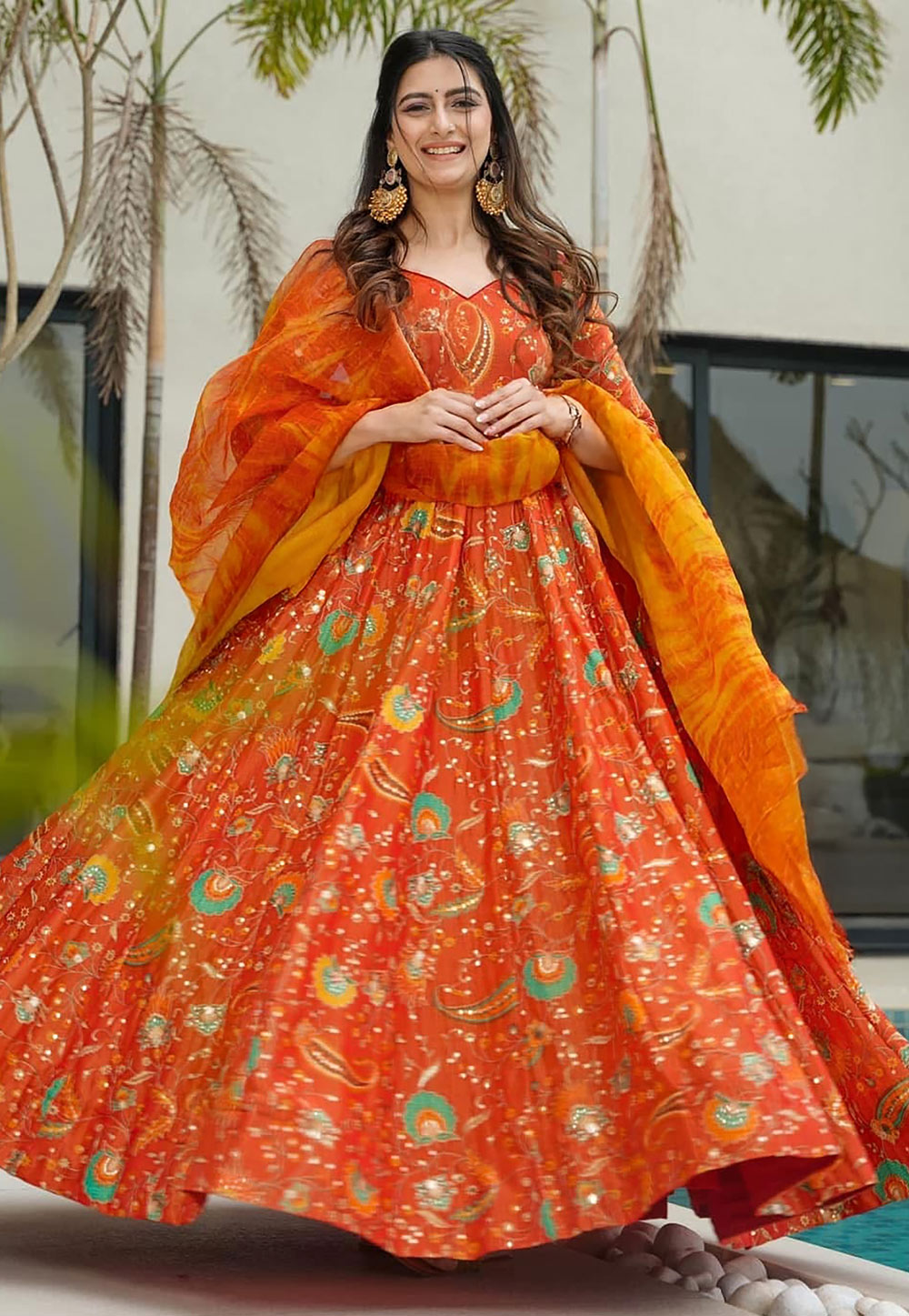 Orange Silk Readymade Anarkali Suit 311630
