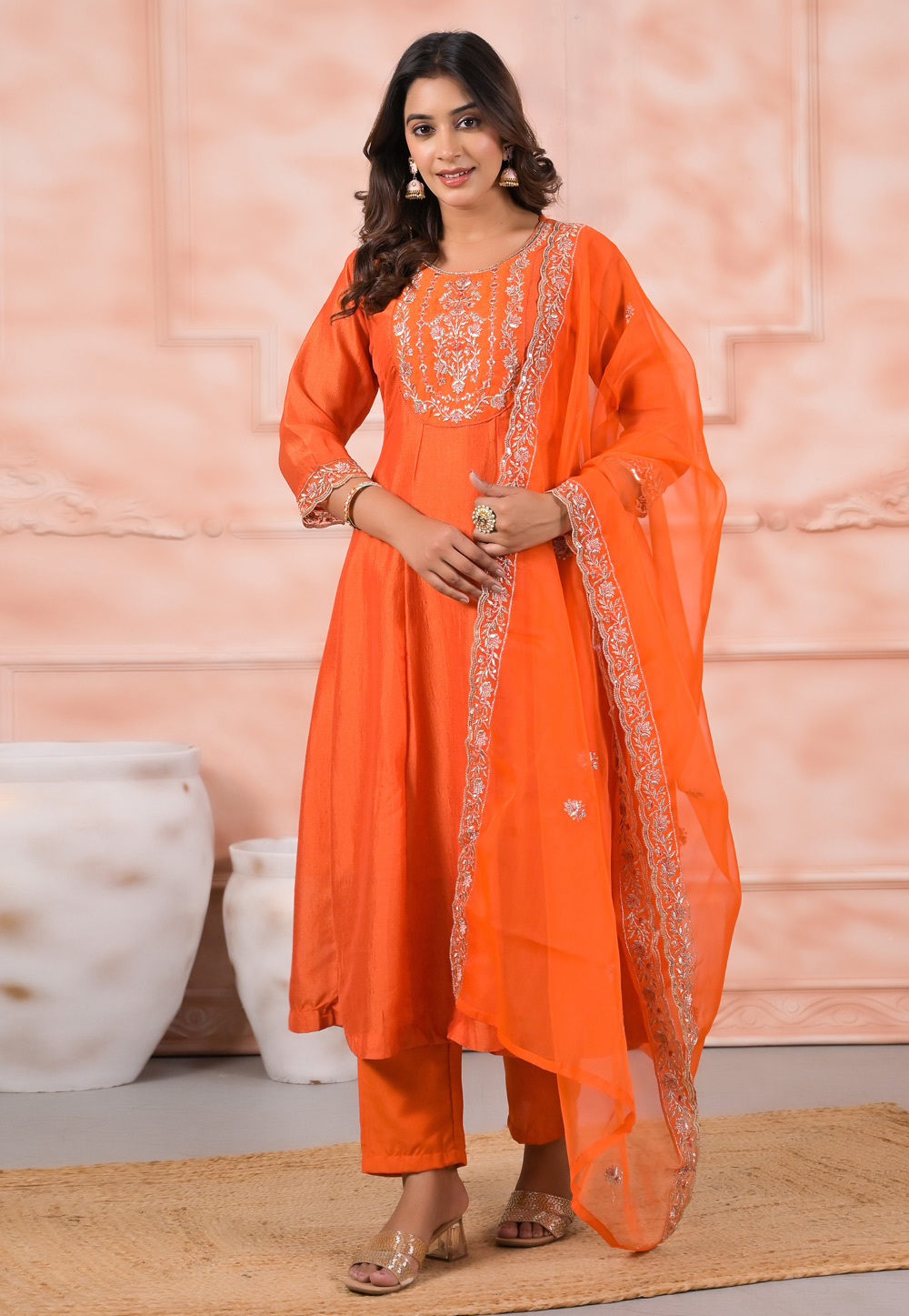 Orange Silk Readymade Anarkali Suit 312351