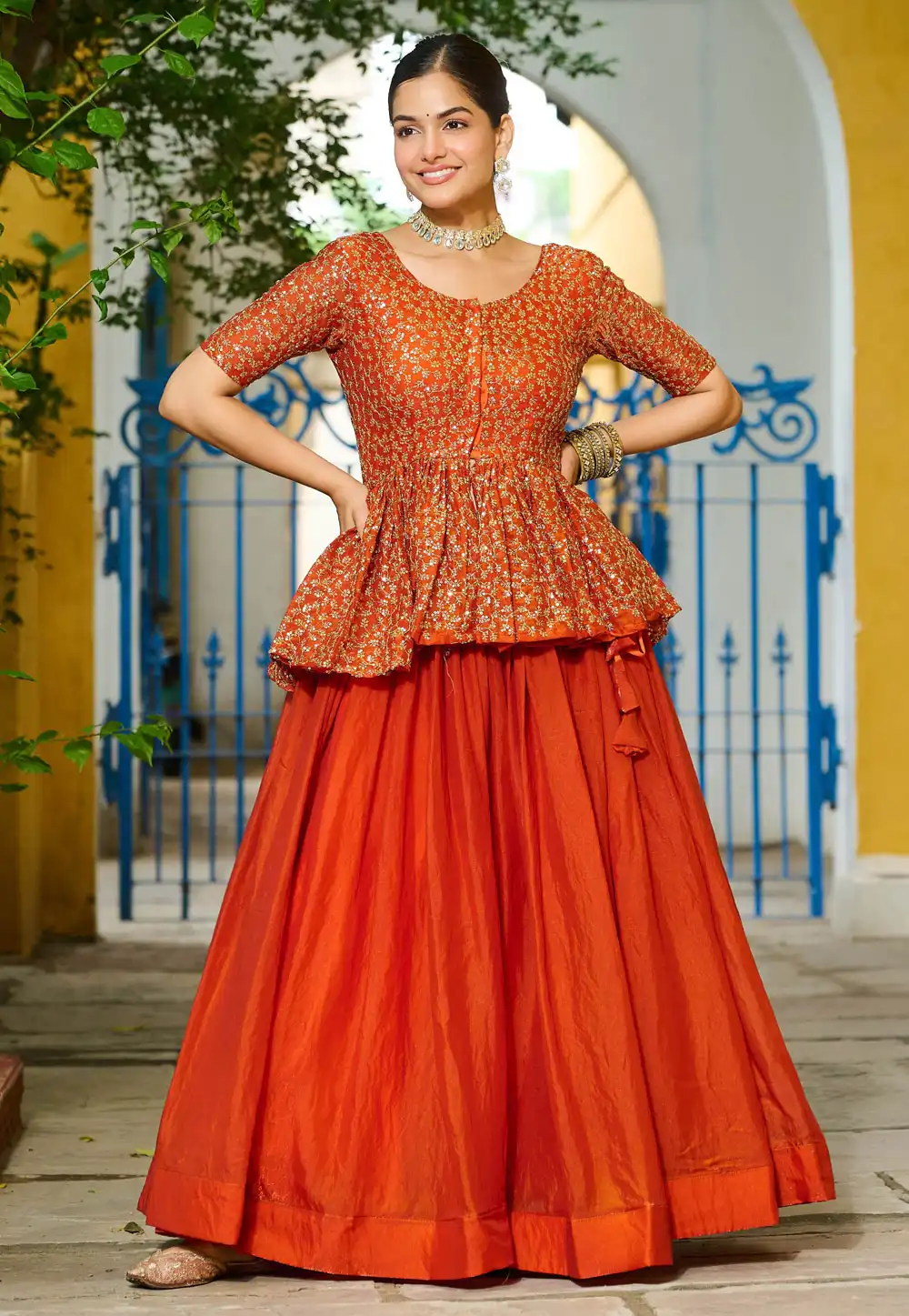Orange Silk Readymade Indo Western Lehenga Choli 314964