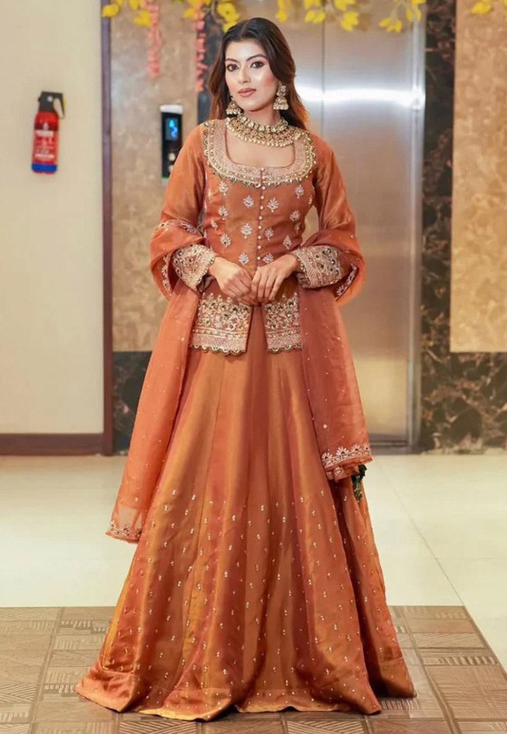 Orange Silk Readymade Indo Western Lehenga Choli 329603