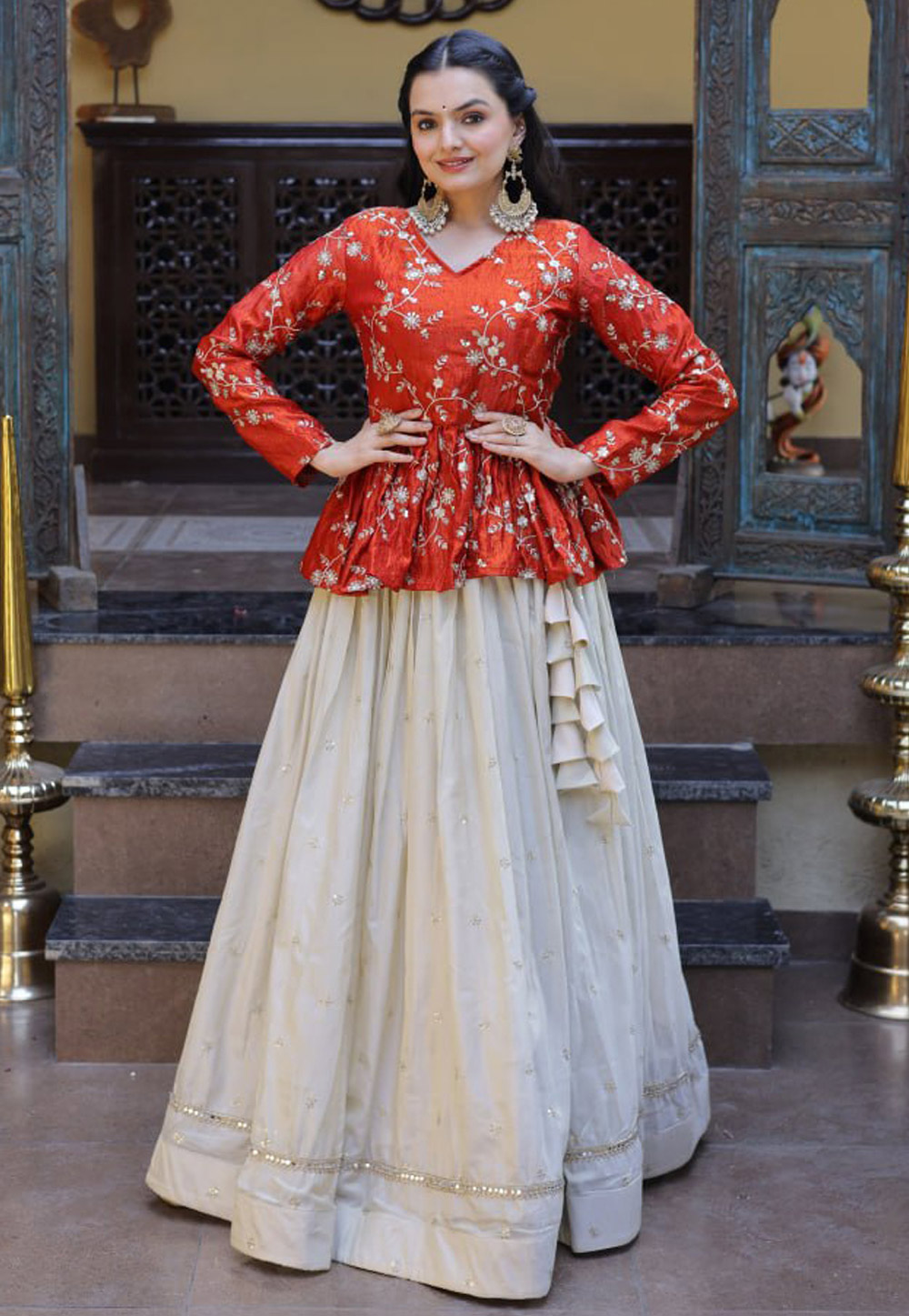 Orange Silk Readymade Indo Western Lehenga Choli 327718