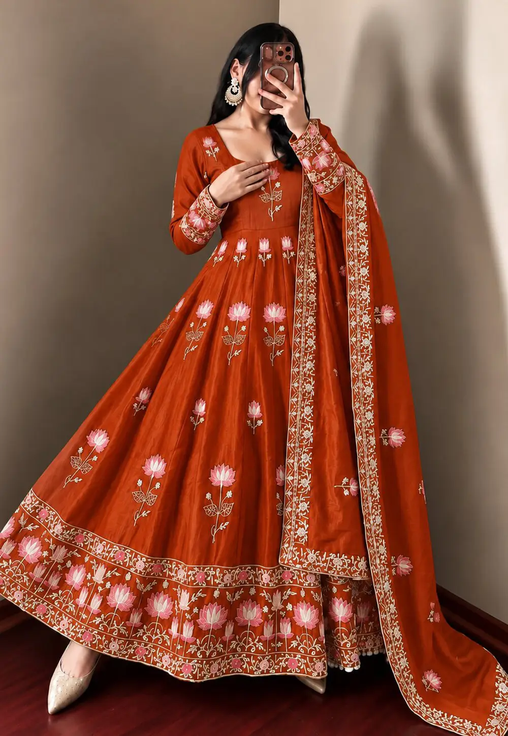 Orange Silk Readymade Long Anarkali Suit 336239