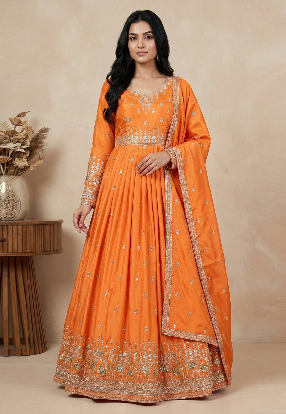 Orange Silk Readymade Long Anarkali Suit 324483