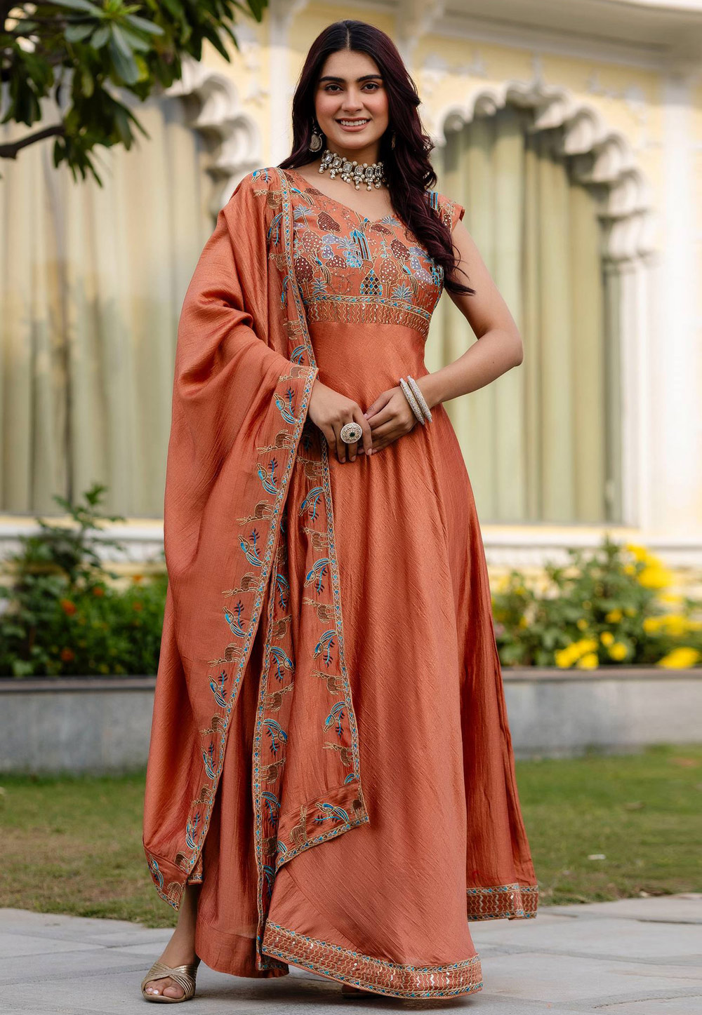 Orange Silk Readymade Long Anarkali Suit 324729
