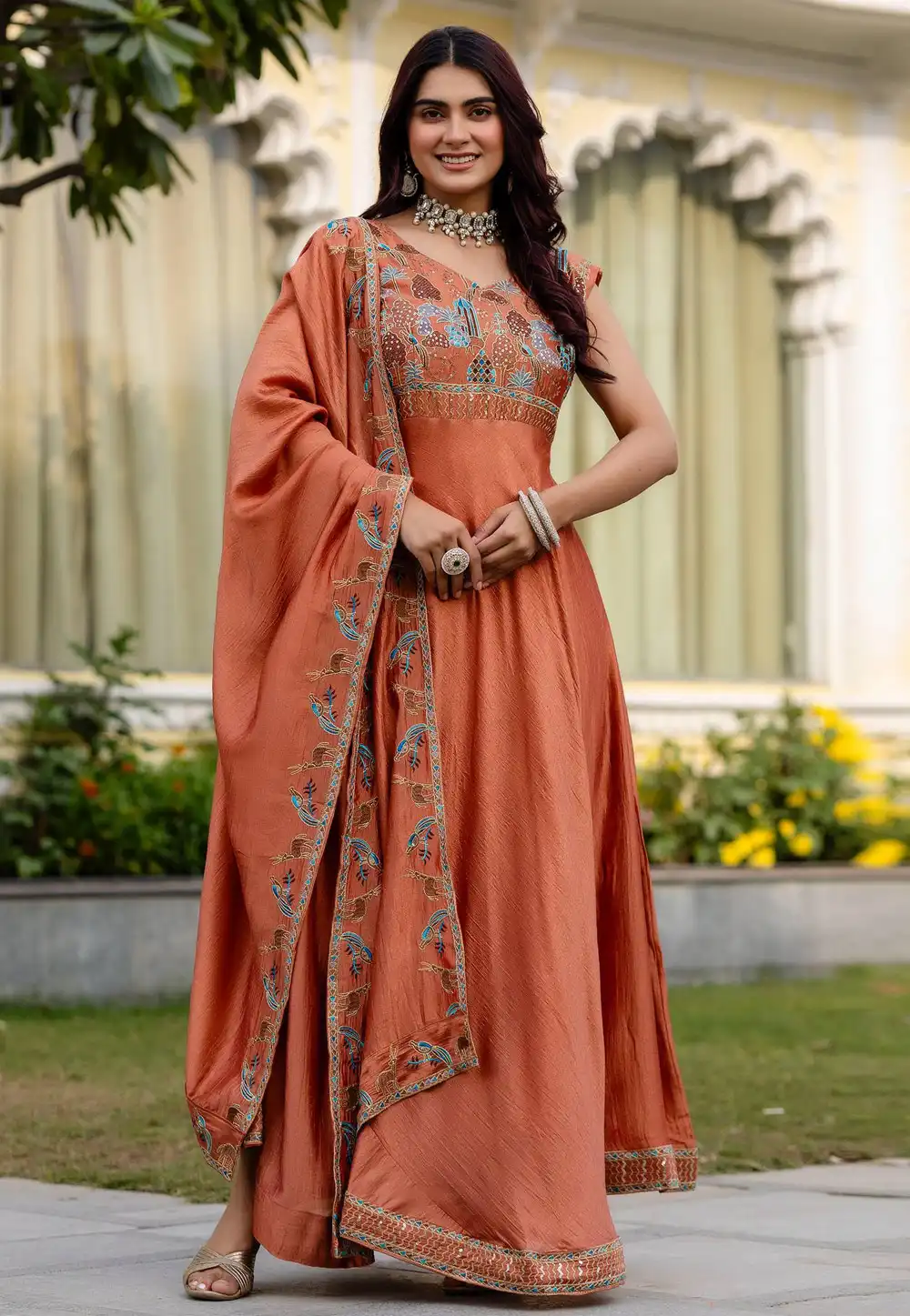 Orange Silk Readymade Long Anarkali Suit 324729