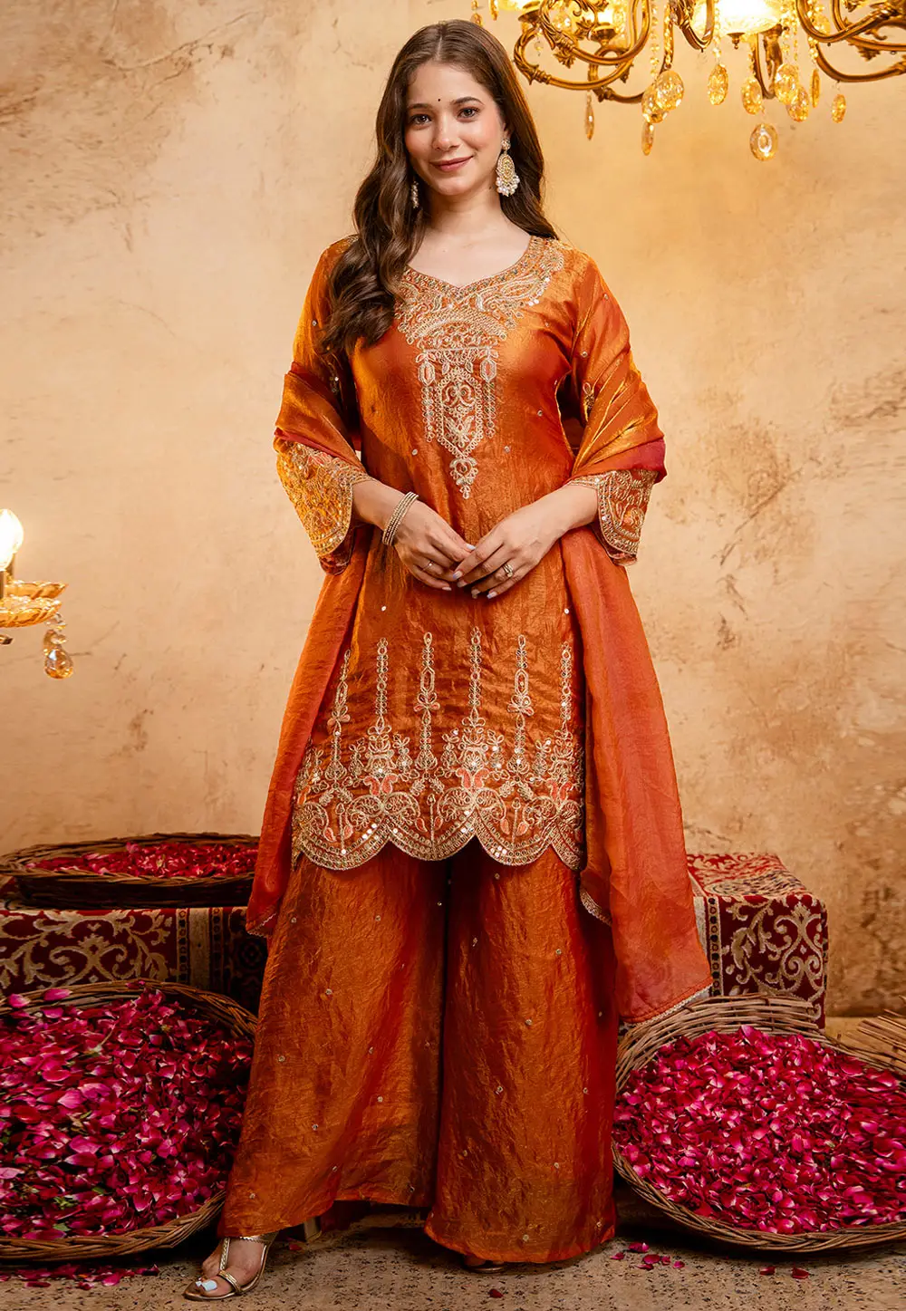 Orange Silk Readymade Pakistani Suit 335047