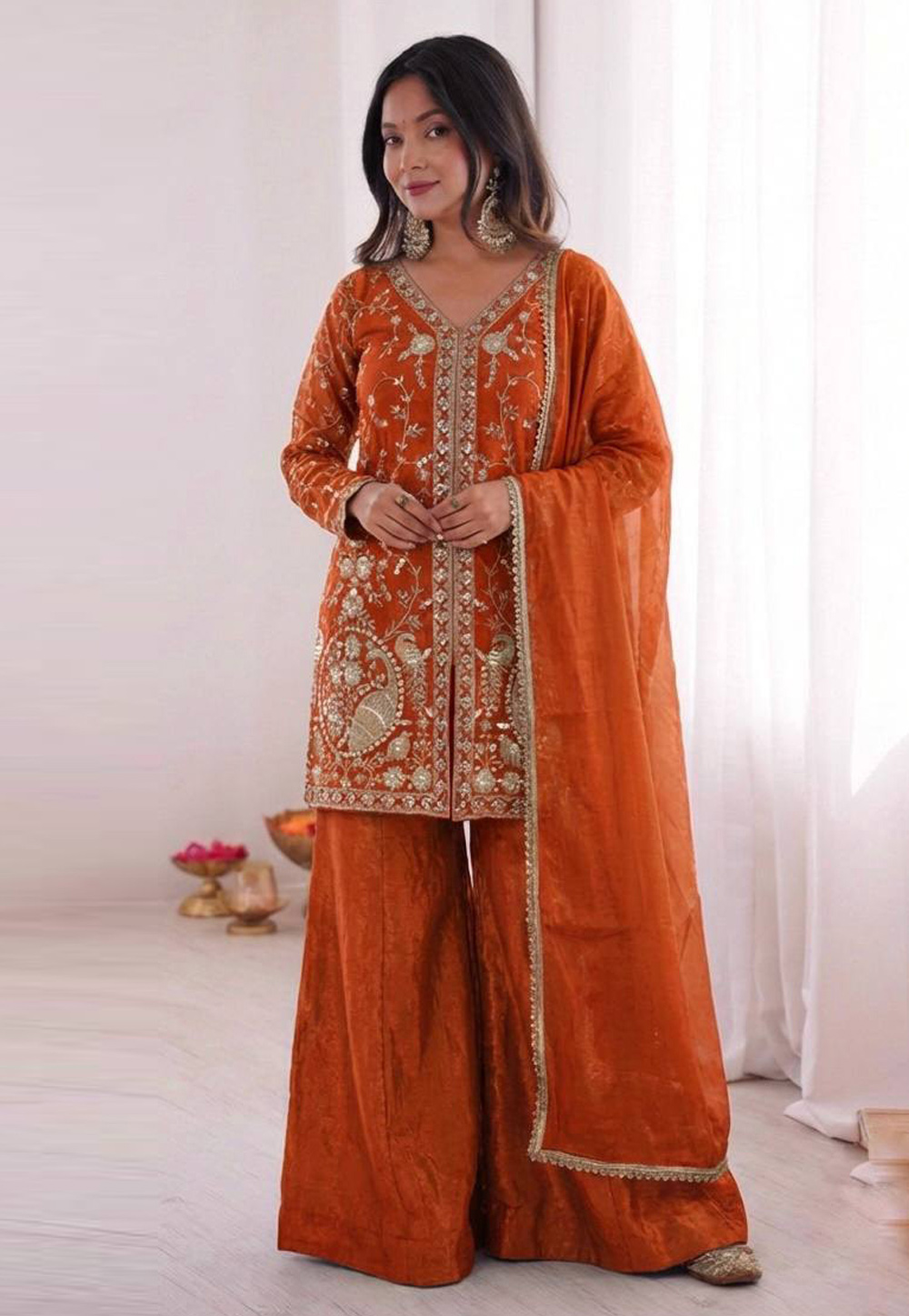 Orange Silk Readymade Pakistani Suit 327172