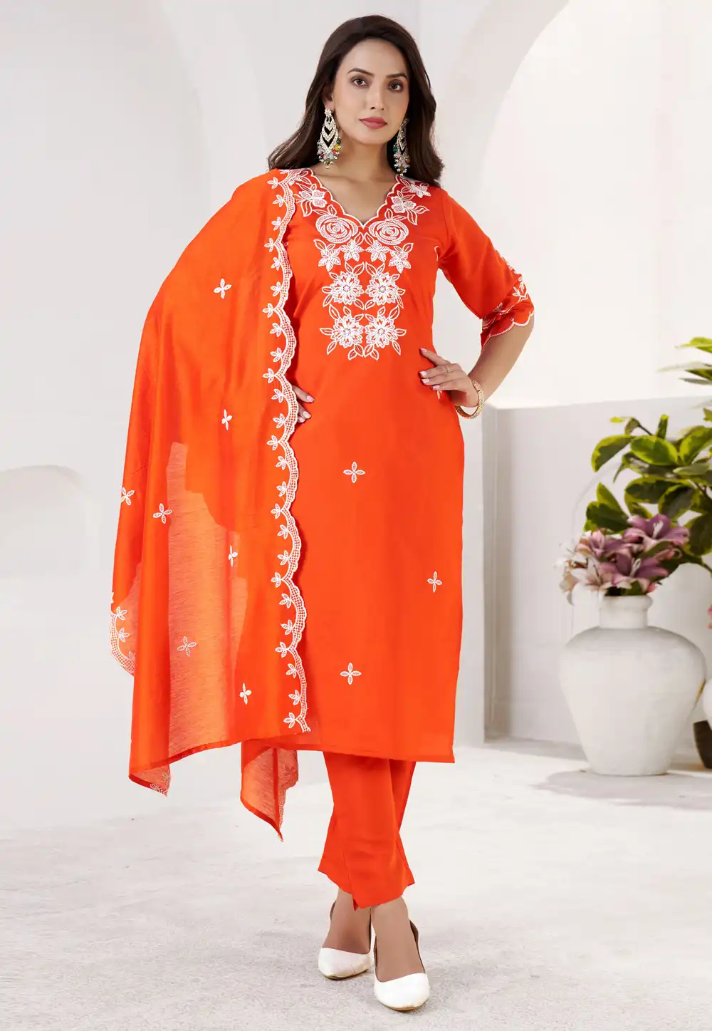 Orange Silk Readymade Pakistani Suit 320381