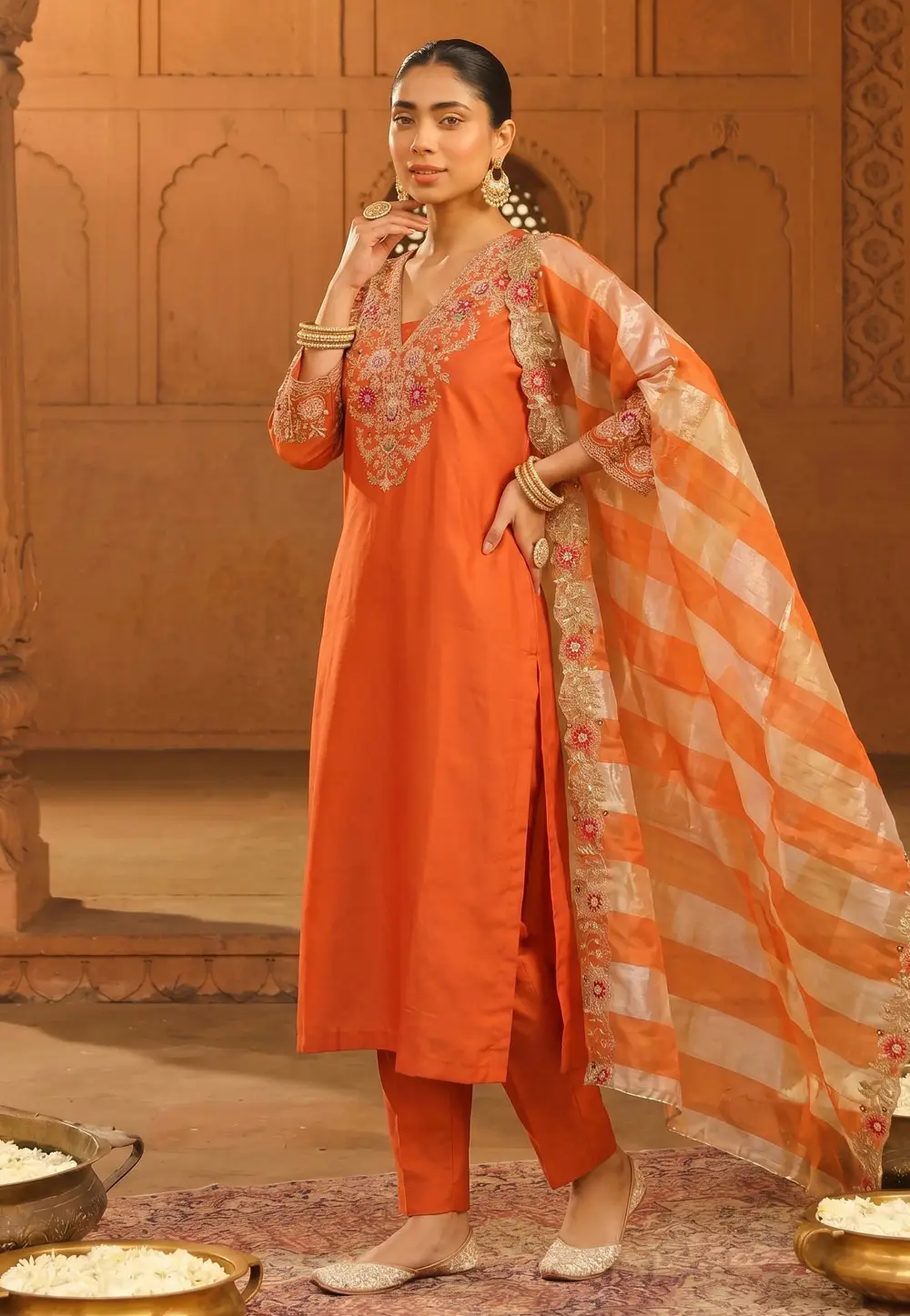 Orange Silk Readymade Pakistani Suit 334439