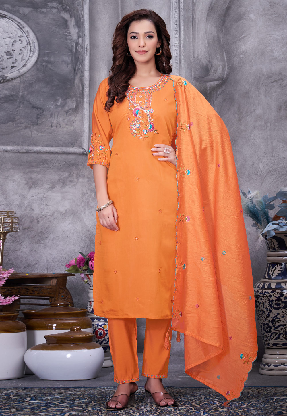 Orange Silk Readymade Pakistani Suit 329068