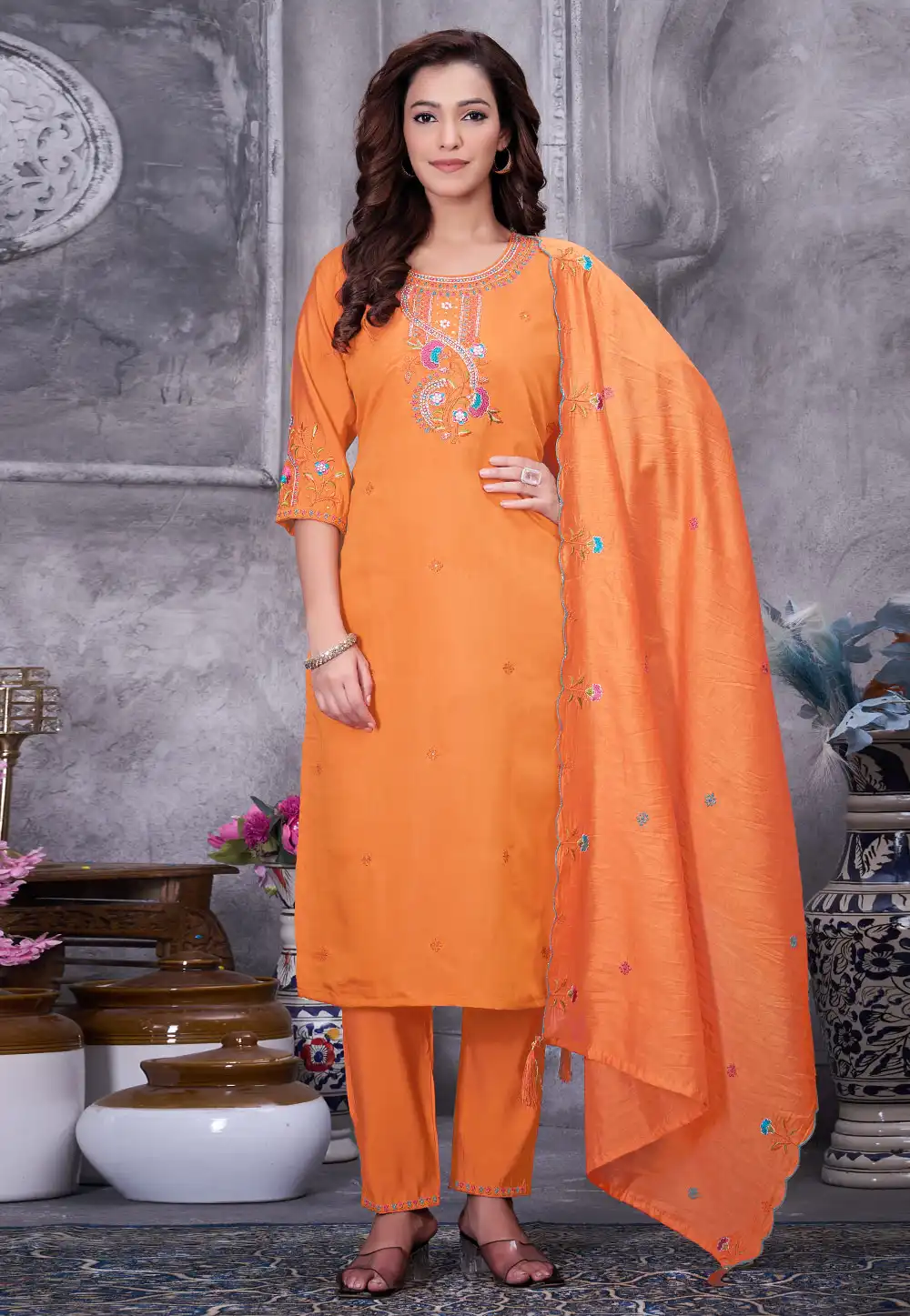 Orange Silk Readymade Pakistani Suit 329068