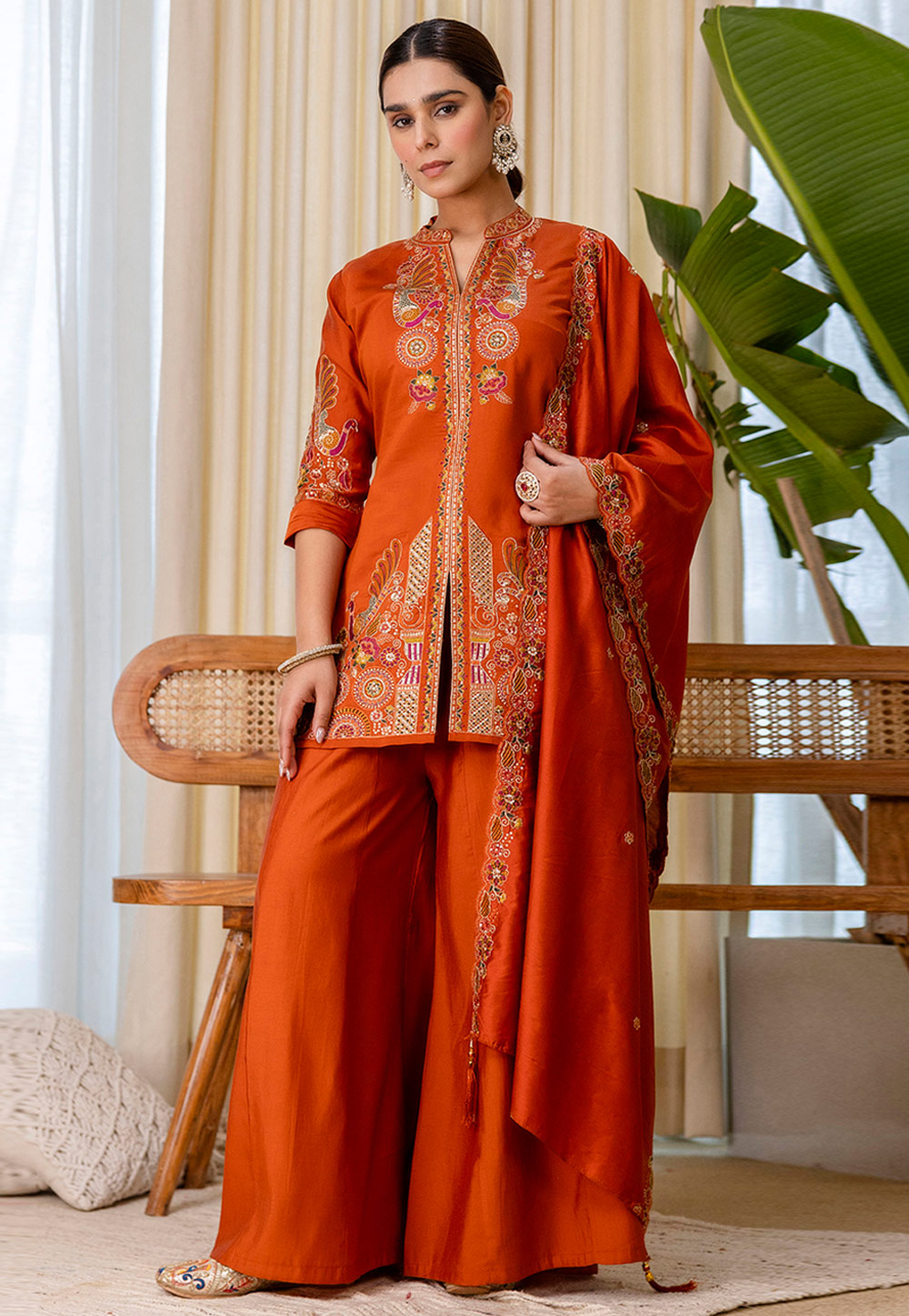 Orange Silk Readymade Palazzo Suit 330207