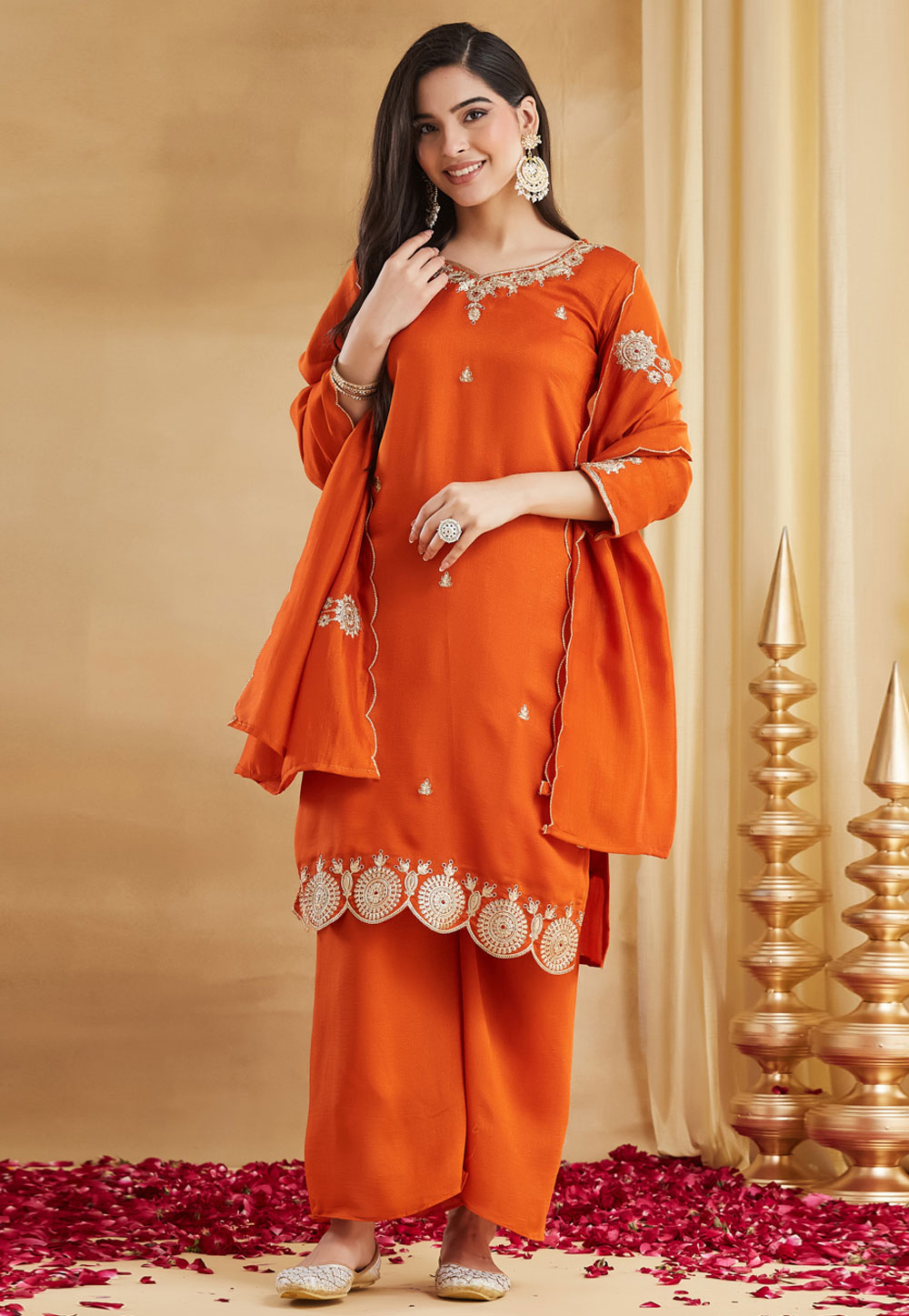 Orange Silk Readymade Palazzo Suit 328017