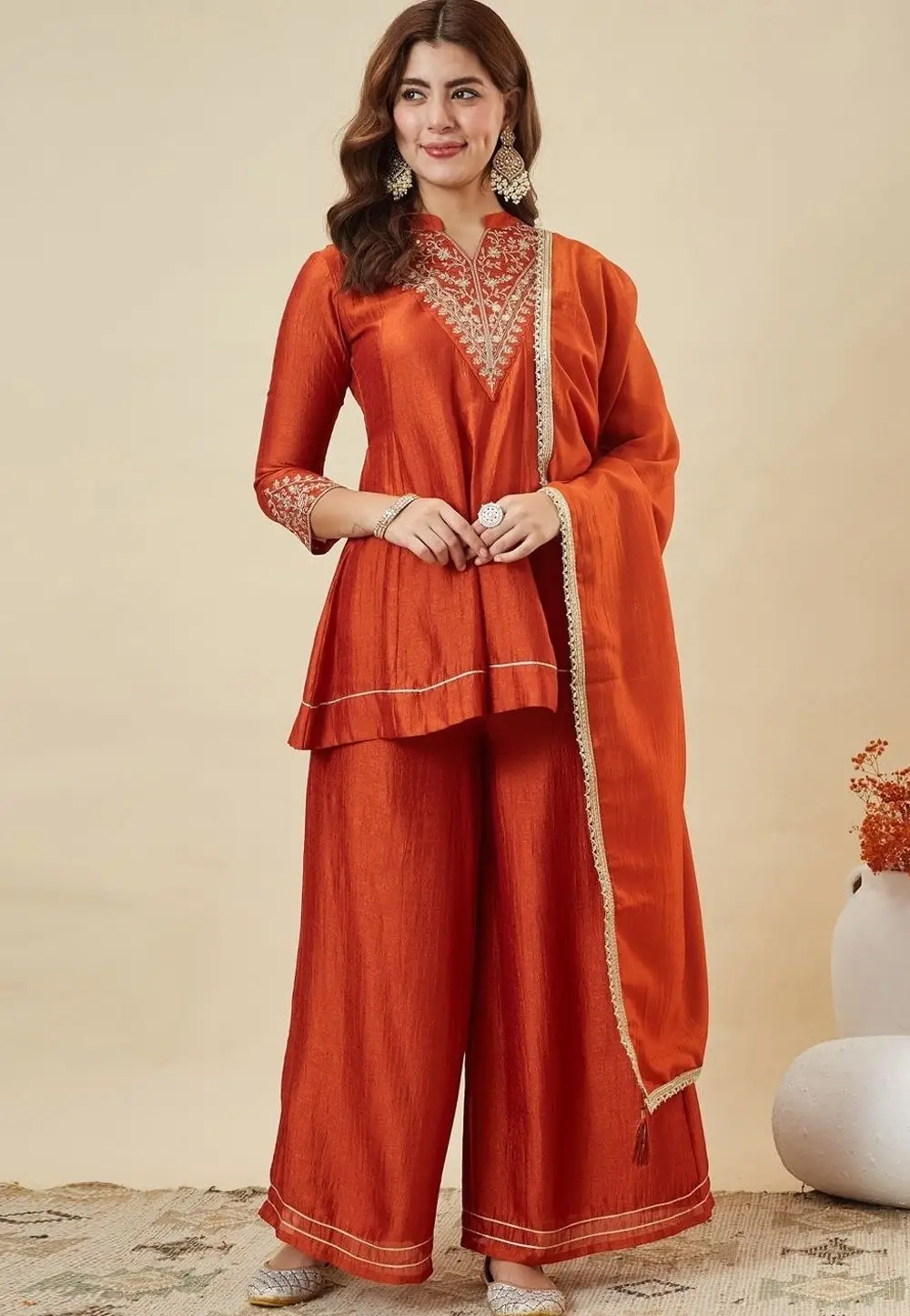 Orange Silk Readymade Palazzo Suit 335393