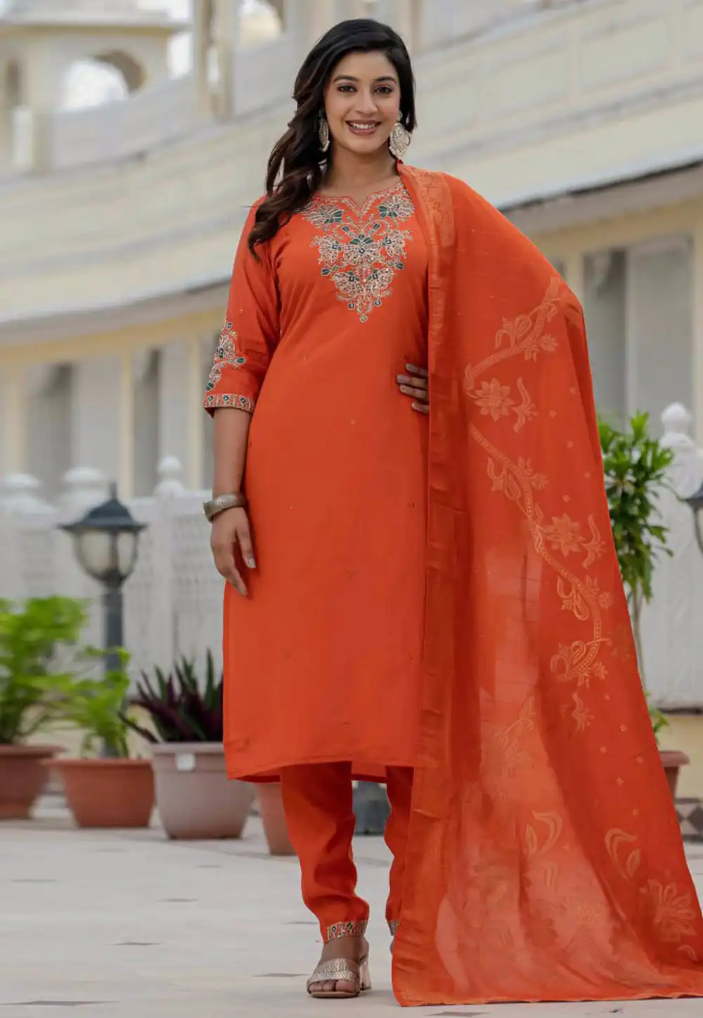 Orange Silk Readymade Pant Style Suit 317455